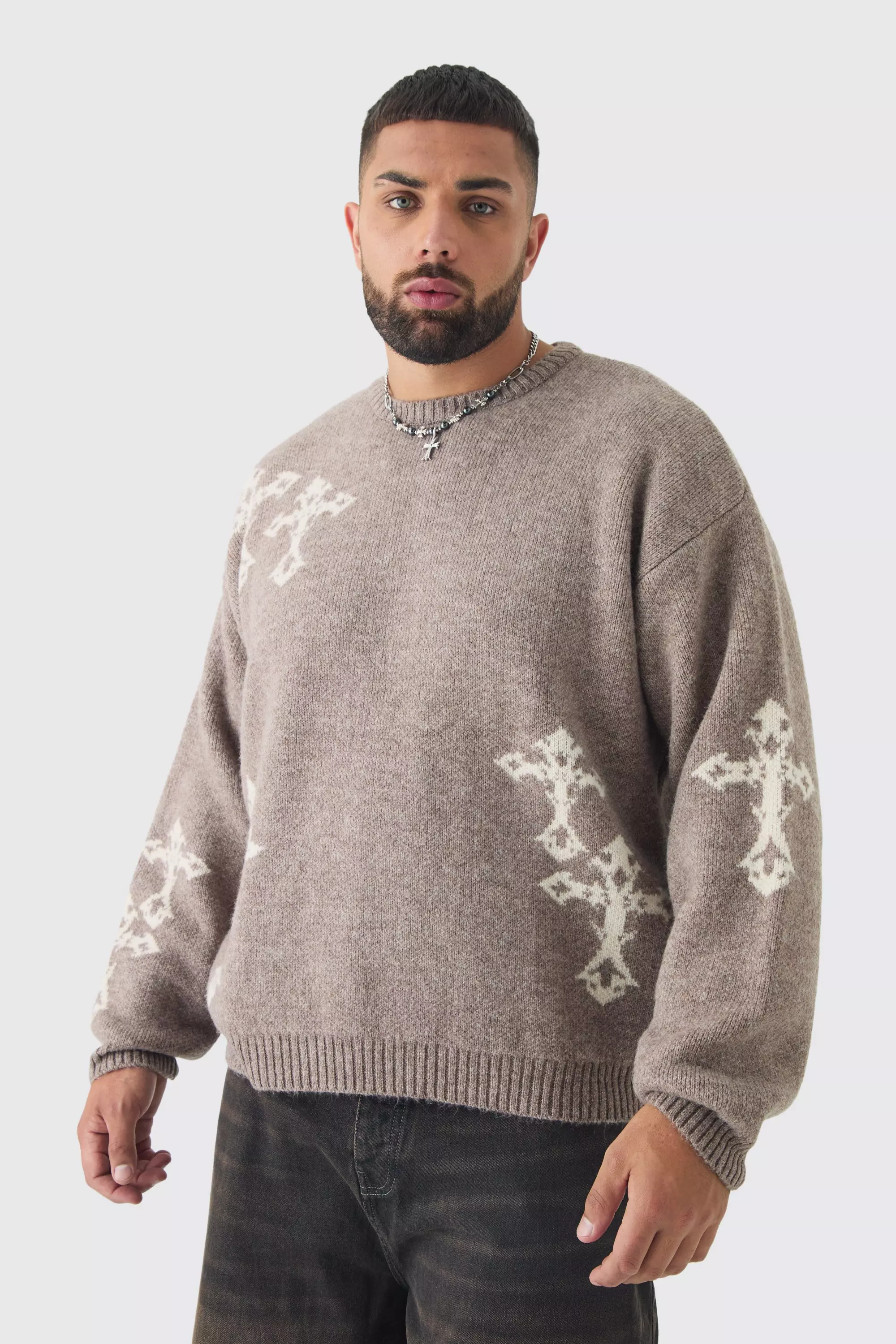 Plus Gothic Cross Oversized Fluffy Knitted Sweat Stone