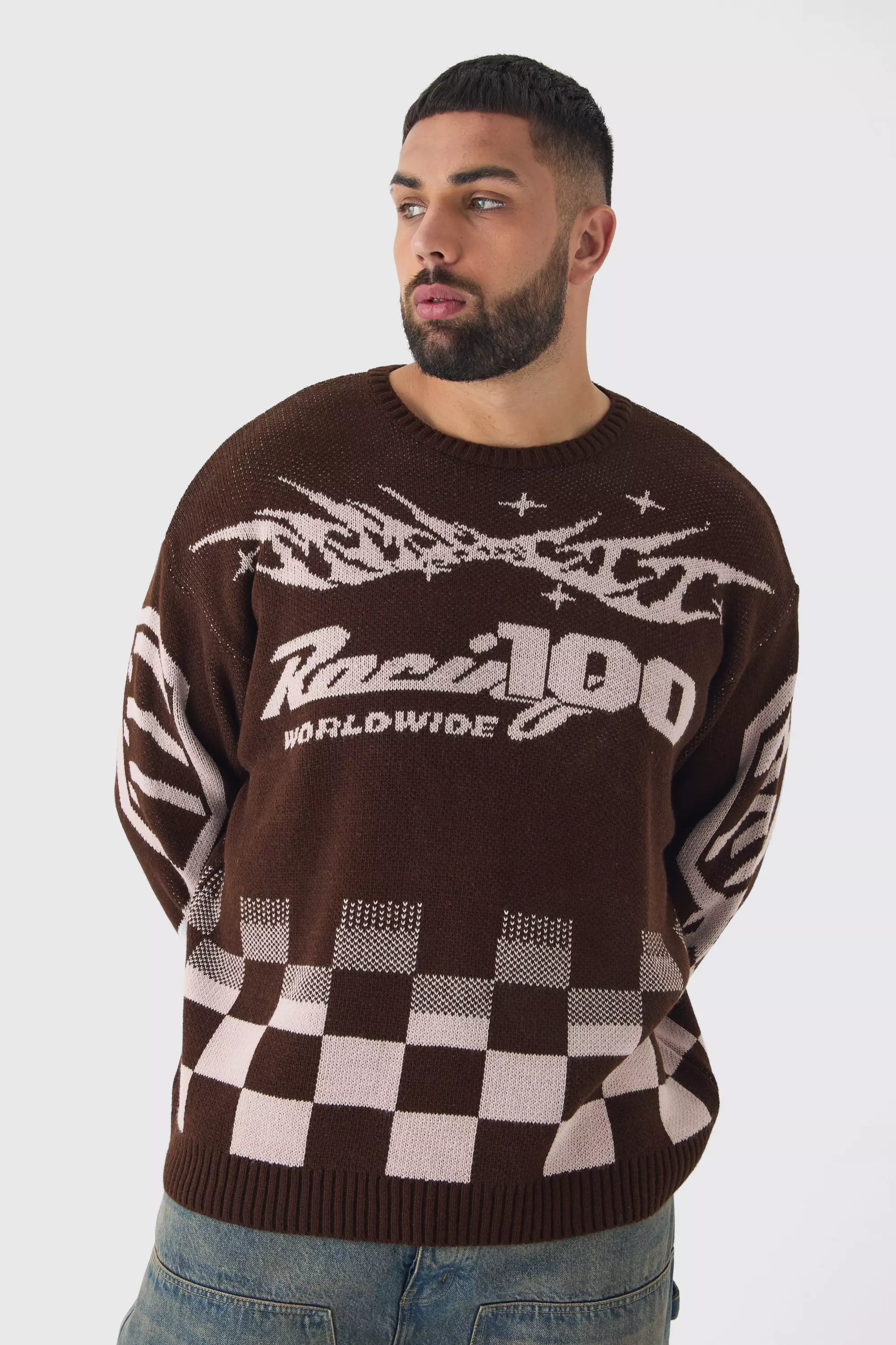 Brown Plus Moto Crew Neck Knitted Sweater In Brown