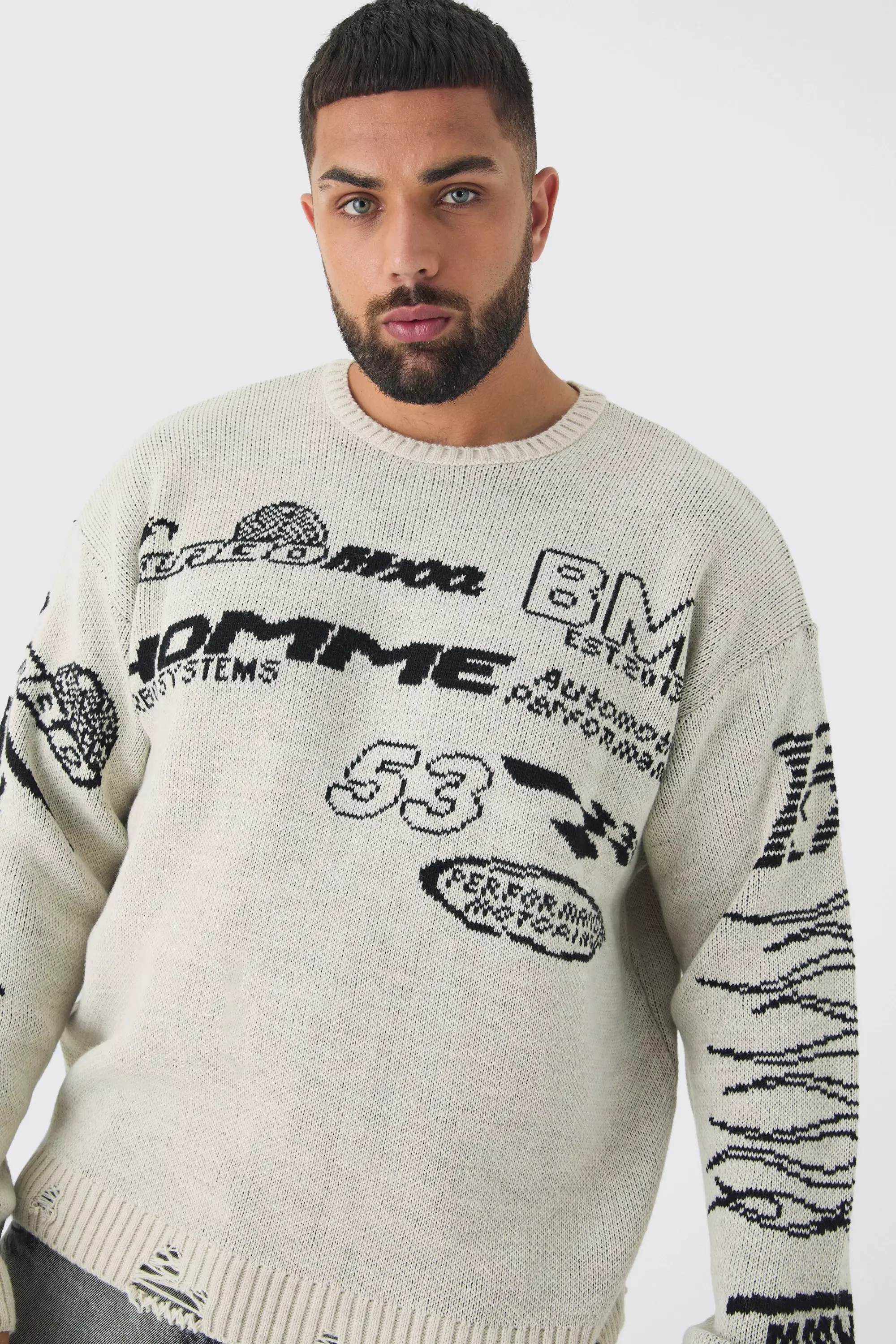 Ecru Plus Distressed Moto Crew Neck Jumper alternative image