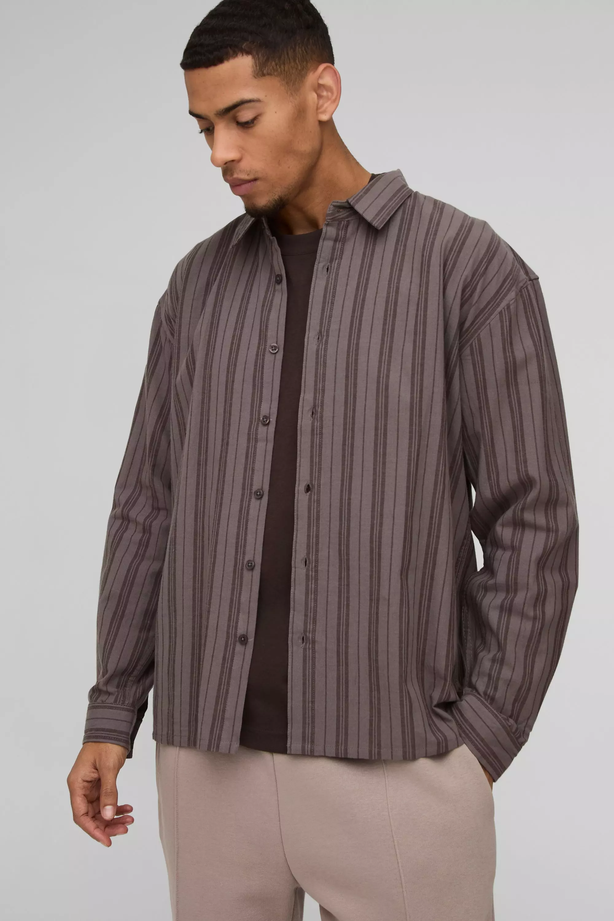 Brown Oversized Long Sleeve Stripe Shirt alternative image