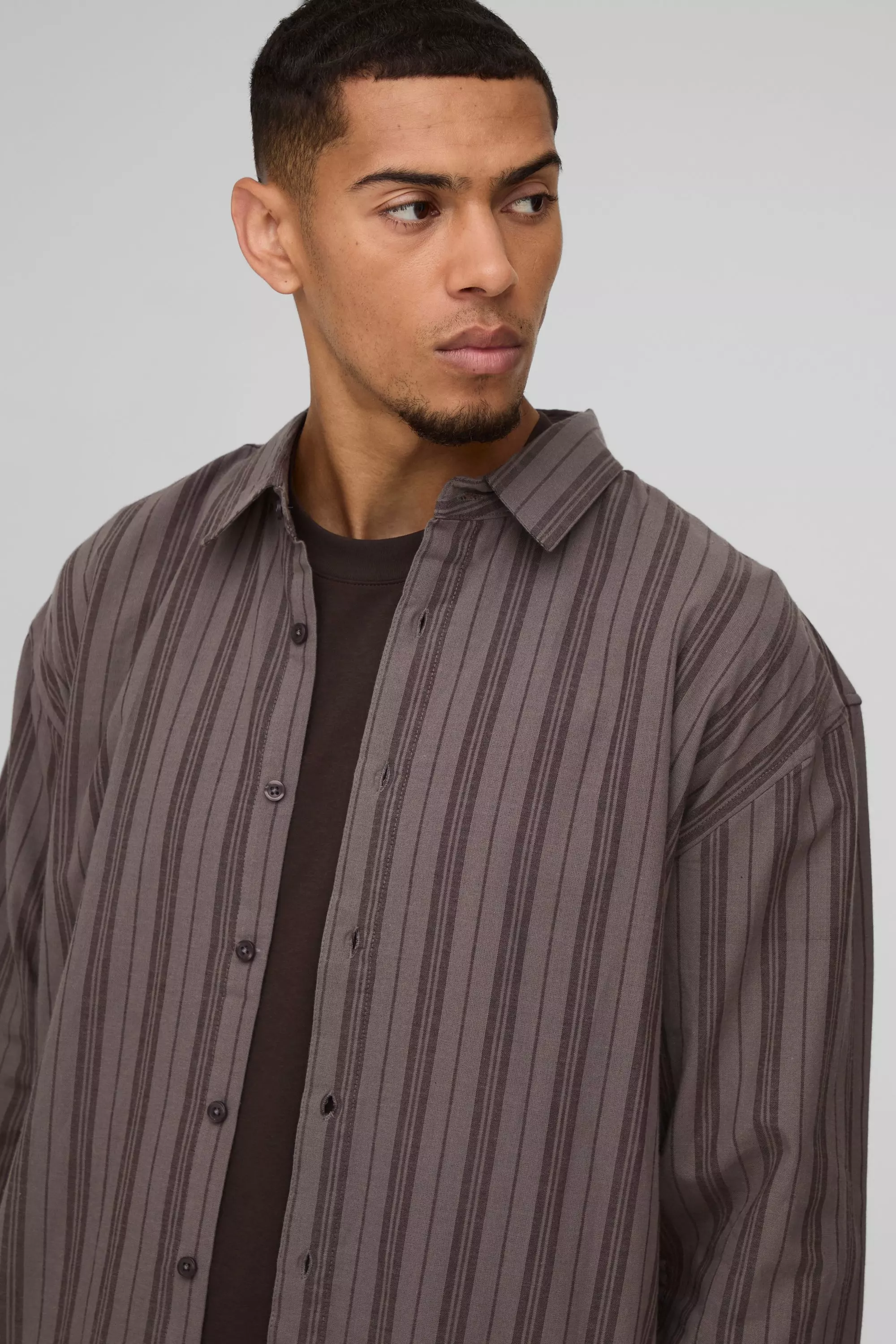 Brown Oversized Long Sleeve Stripe Shirt alternative image