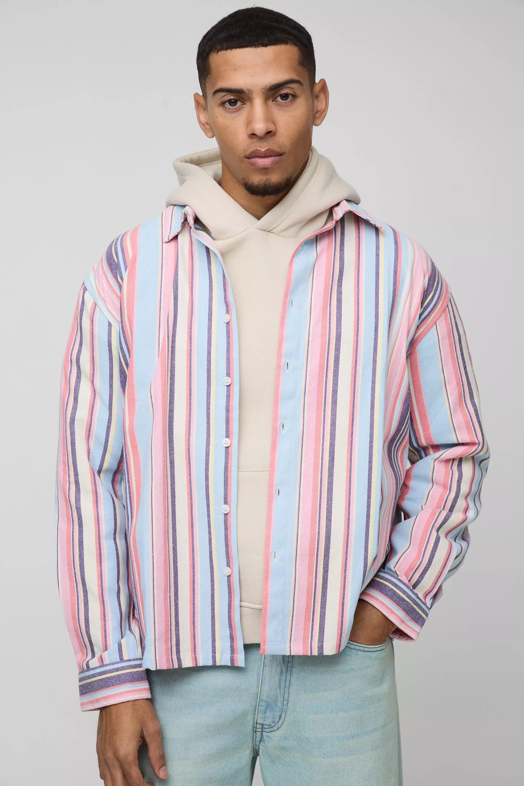 Pink Oversized Gestreept Overhemd Met Lange Mouwen alternatieve afbeelding