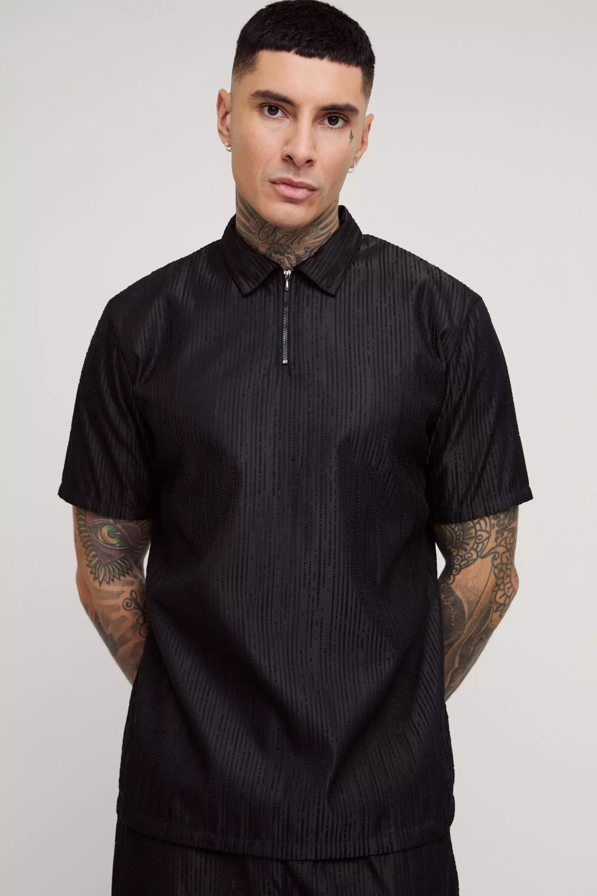 Black Tall Woven Rib Texture Zip Up Smart Polo Shirt