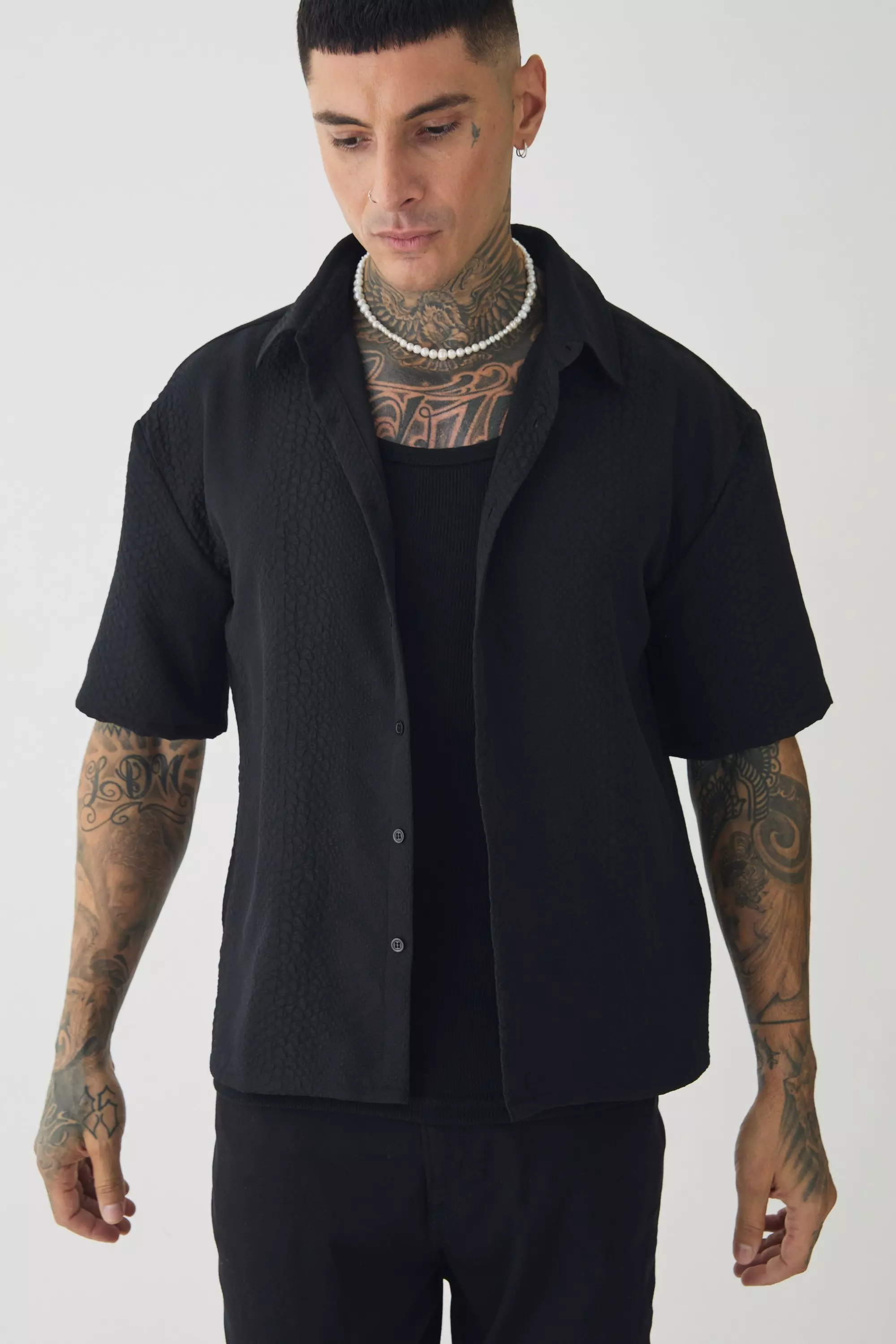 Black Tall Oversized Boxy Embossed Jacquard Shirt alternative image