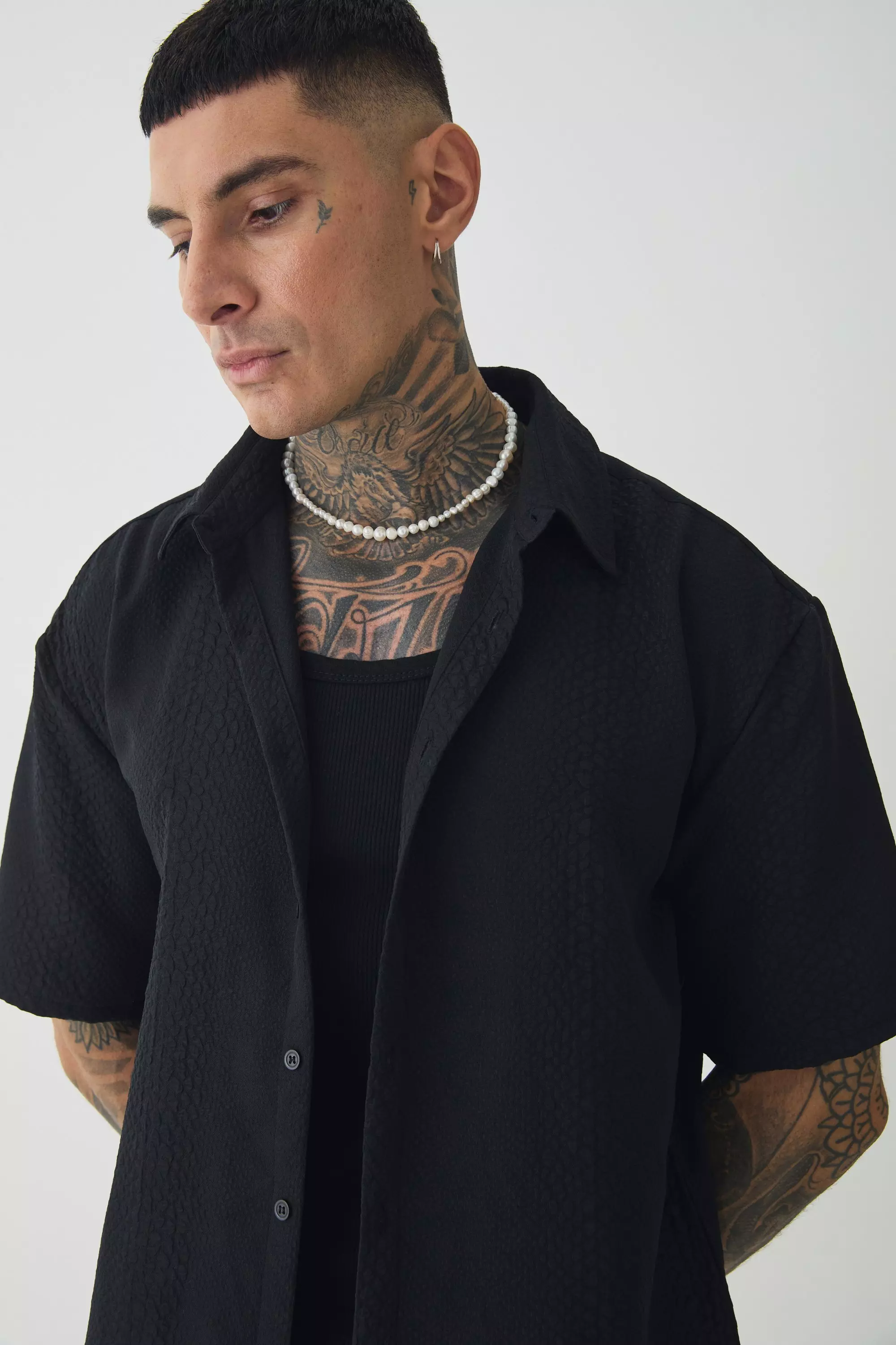 Black Tall Oversized Boxy Embossed Jacquard Shirt alternative image