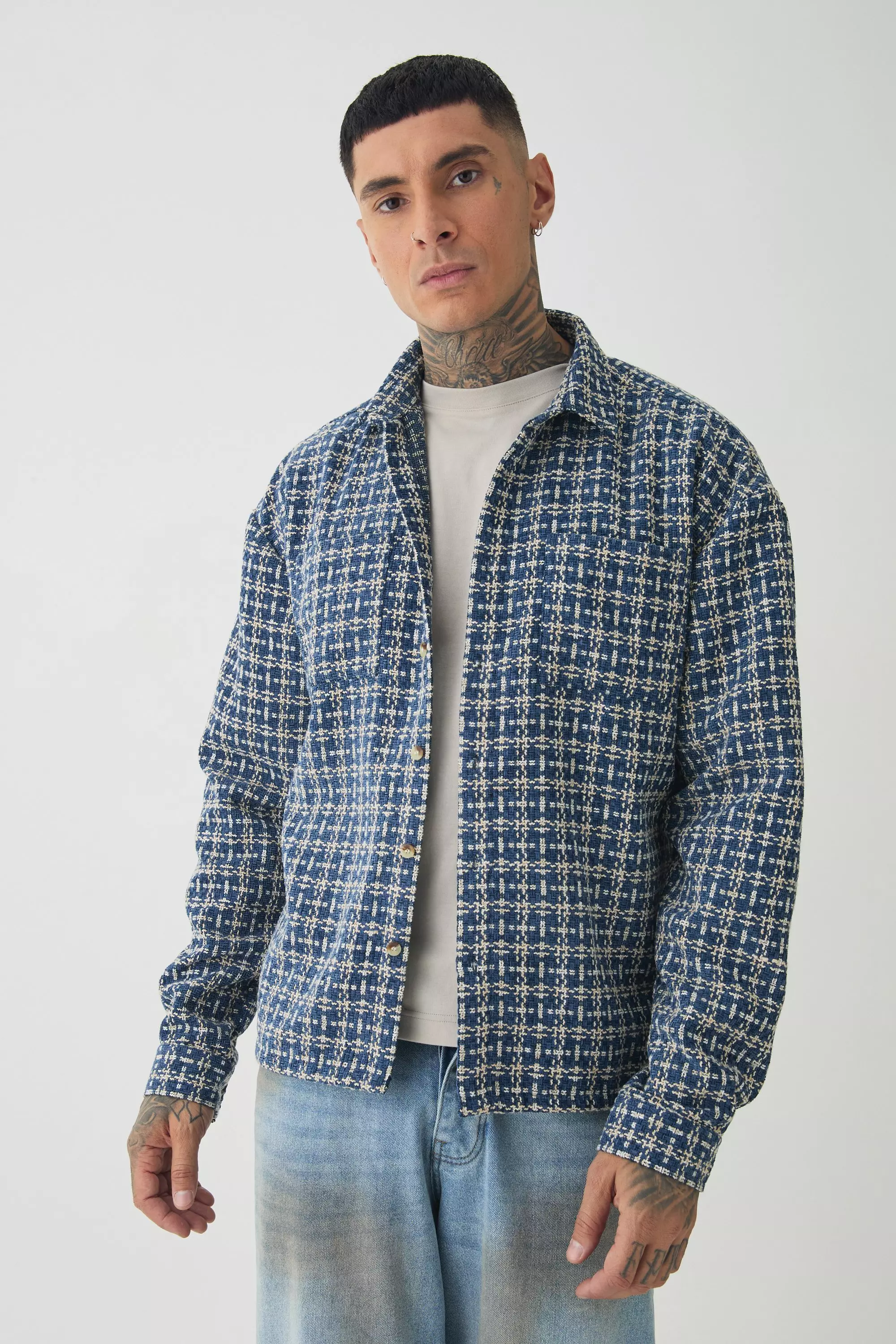 Tall Heavy Weight Boucle Shirt Jacket Blue