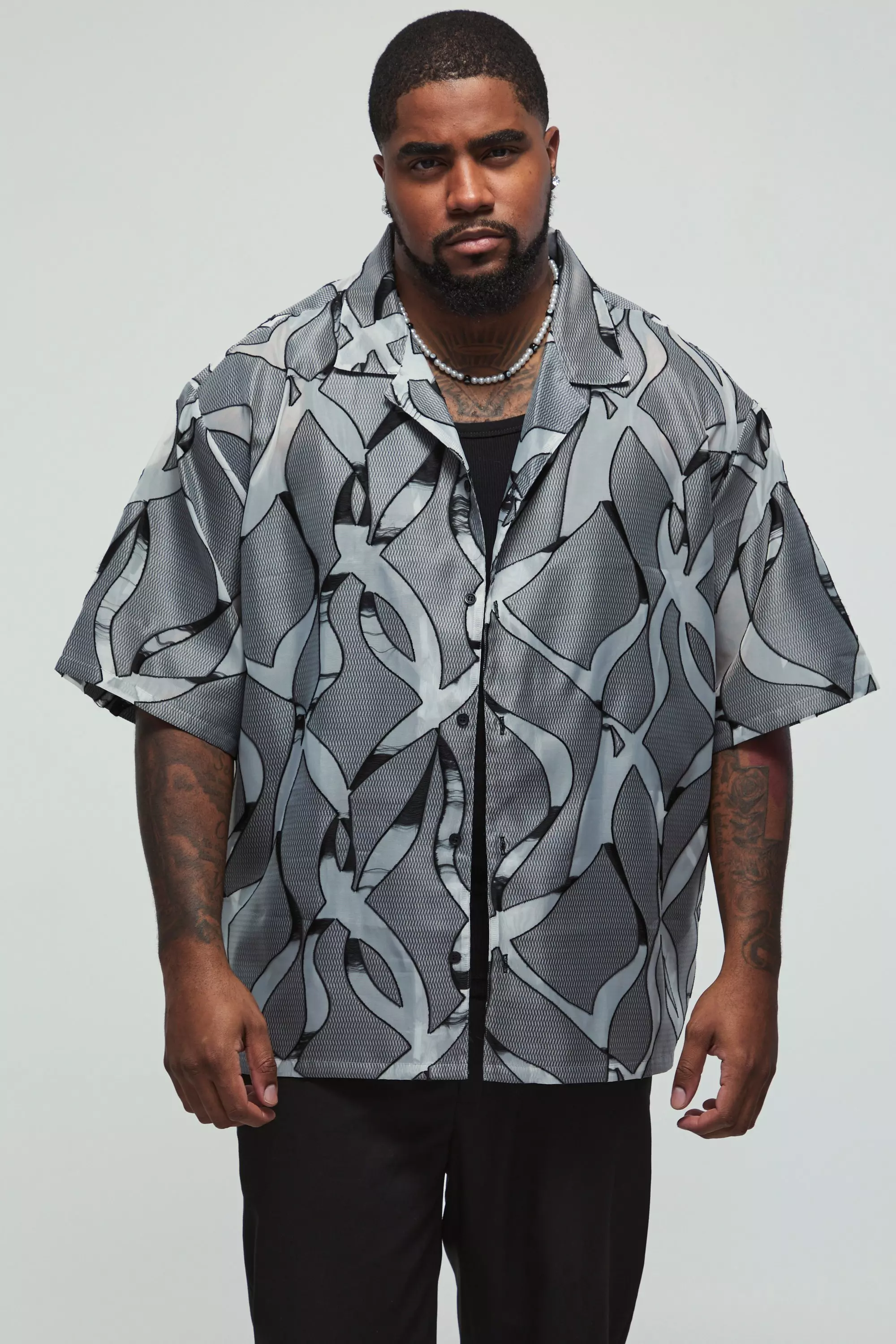 Black Plus Abstract Sheer Revere Shirt alternative image