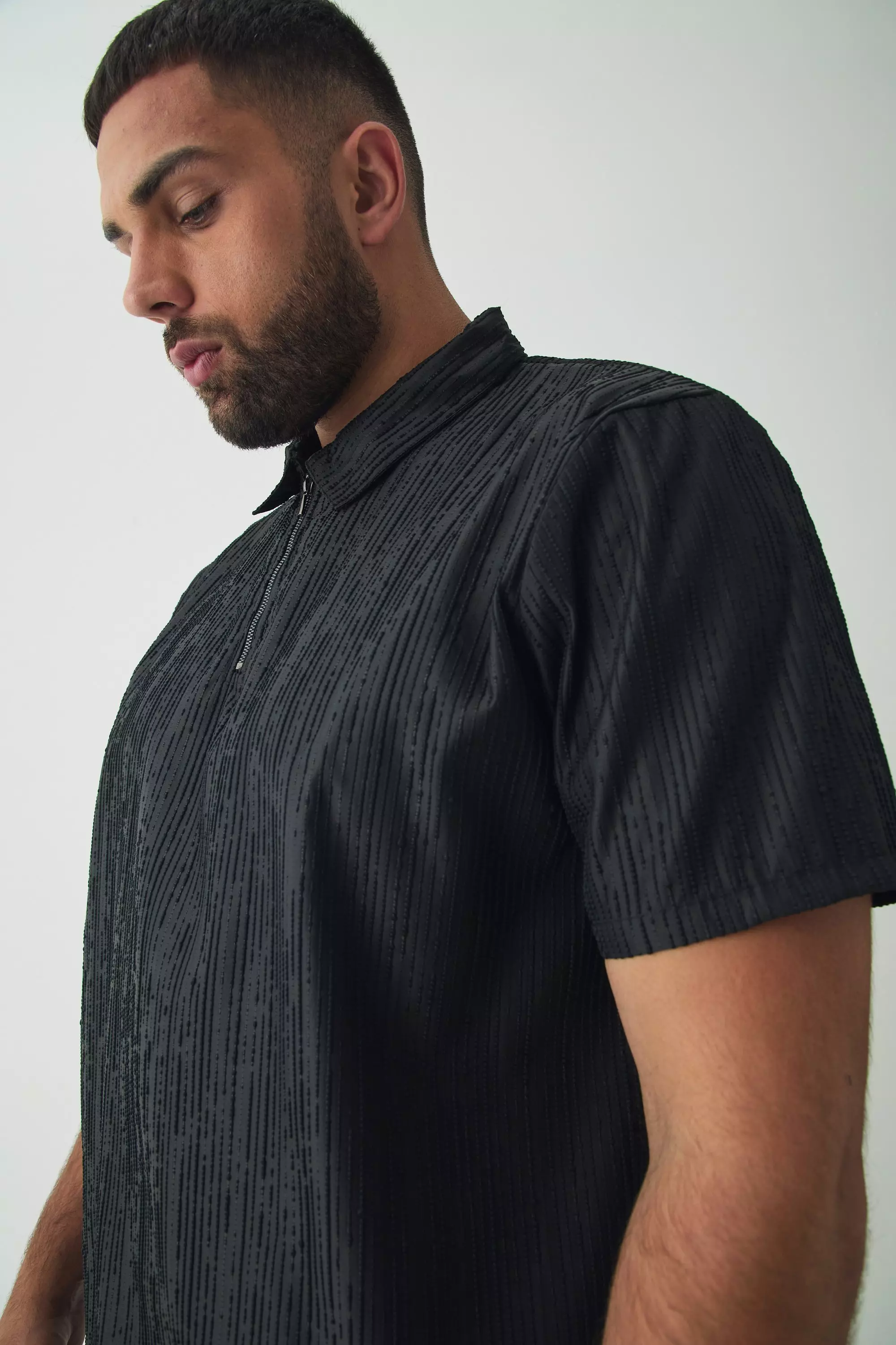 Black Plus Woven Rib Texture Zip Up Smart Polo Shirt alternative image