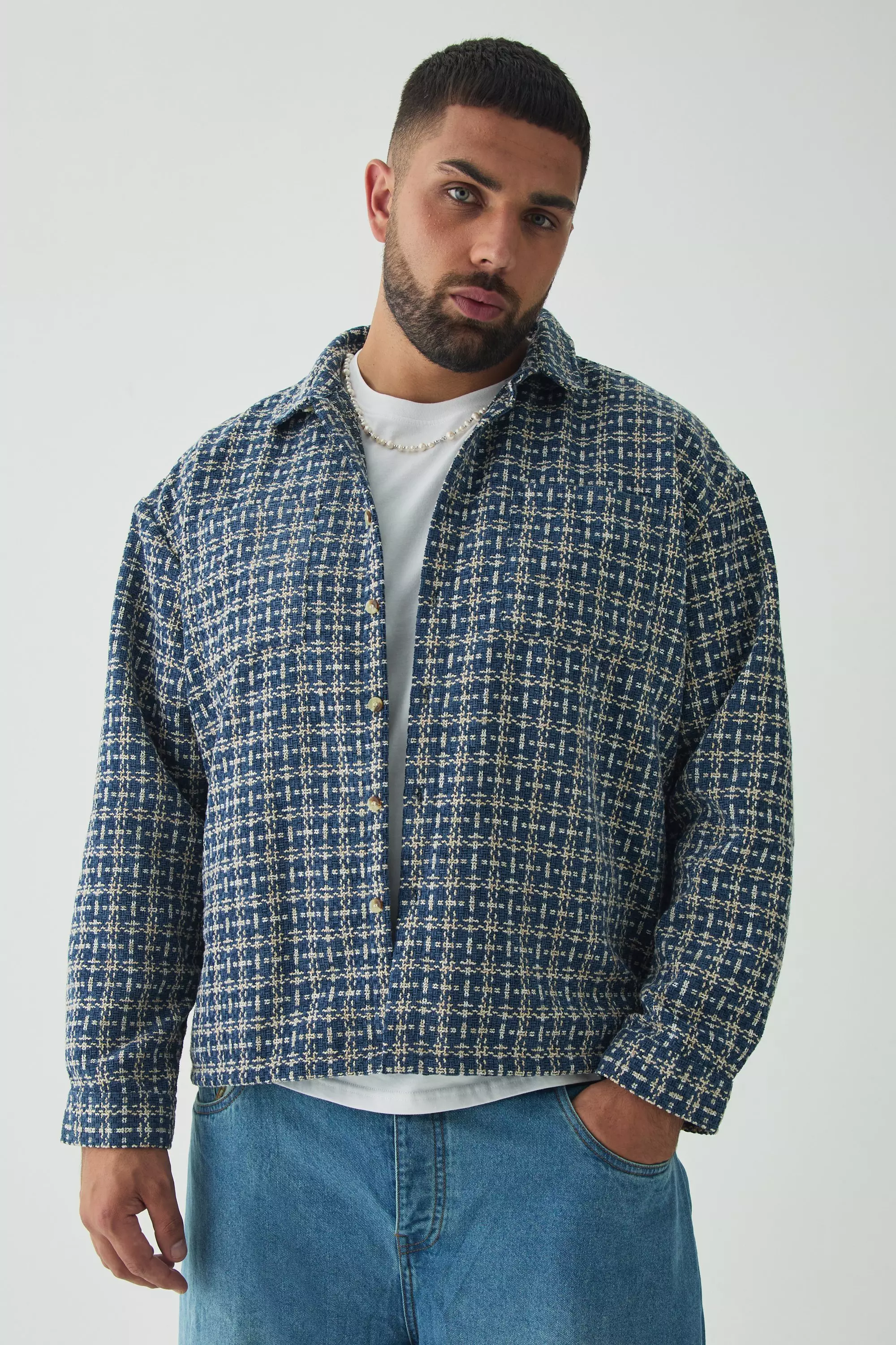 Plus Heavy Weight Boucle Overshirt Blue