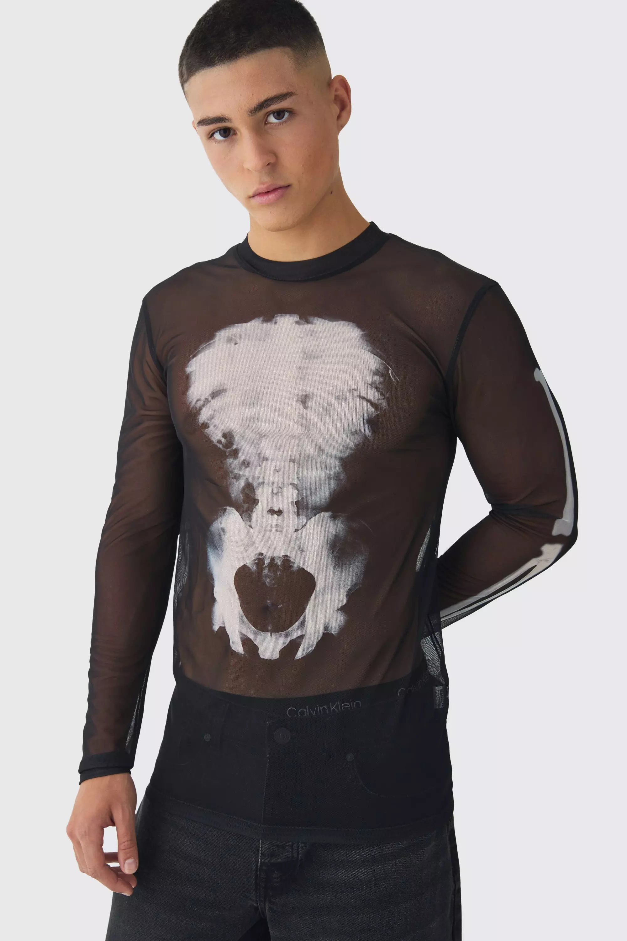 Muscle Mesh Skeleton Print Long Sleeve T-Shirt Black