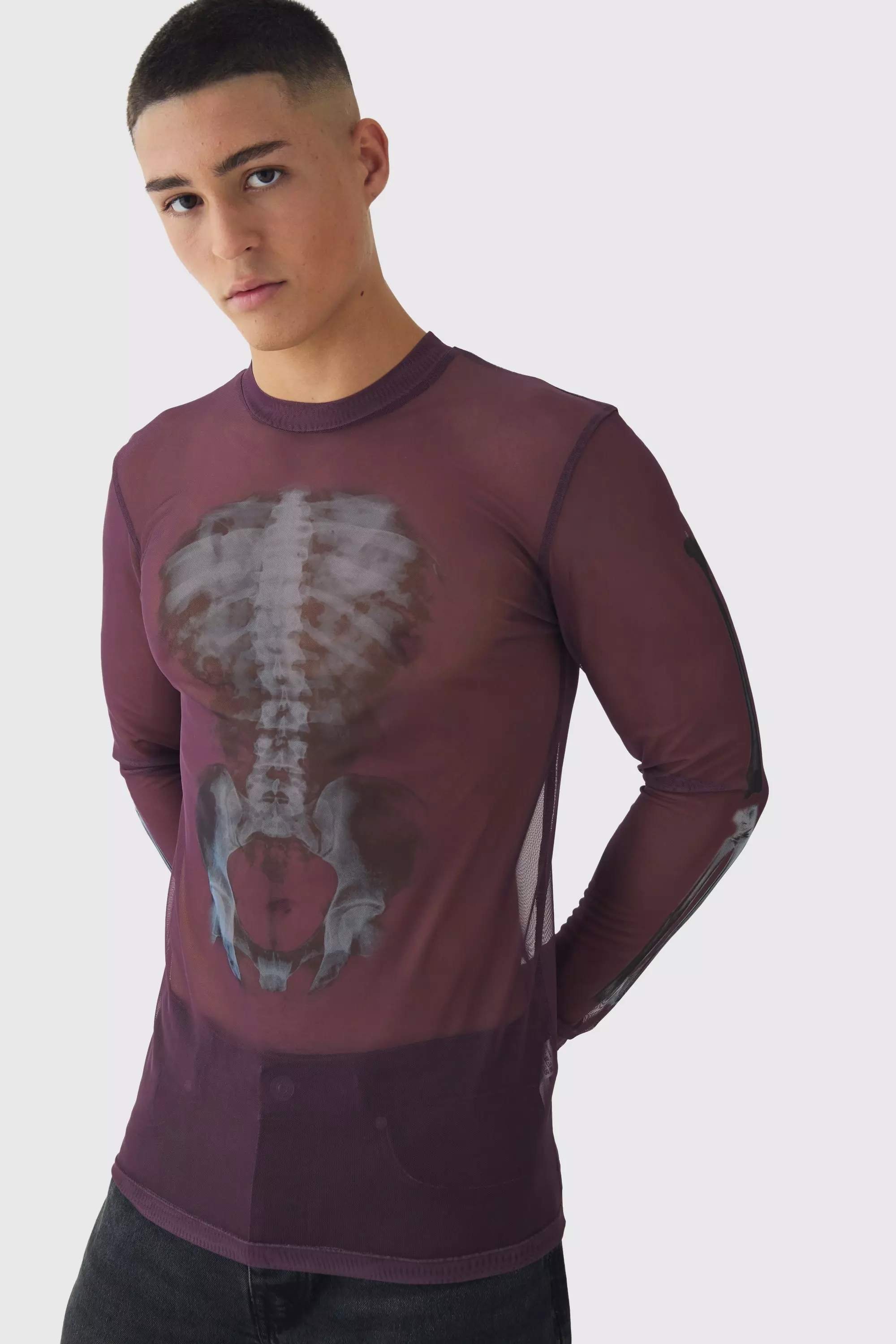 Muscle Mesh Skeleton Print Long Sleeve T-Shirt Maroon