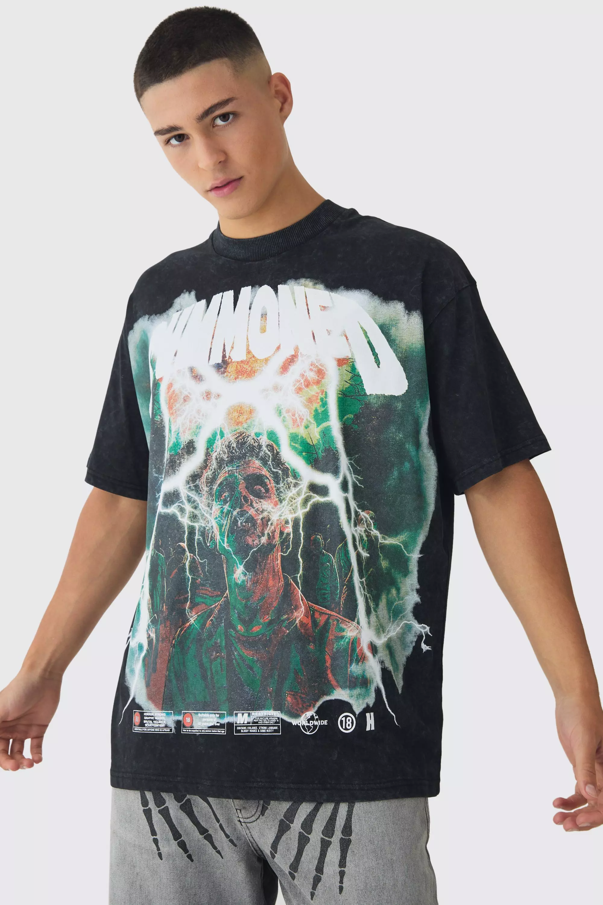 Oversized Extended Neck Large Scale Summoned Print Acid Wash T-Shirt Black