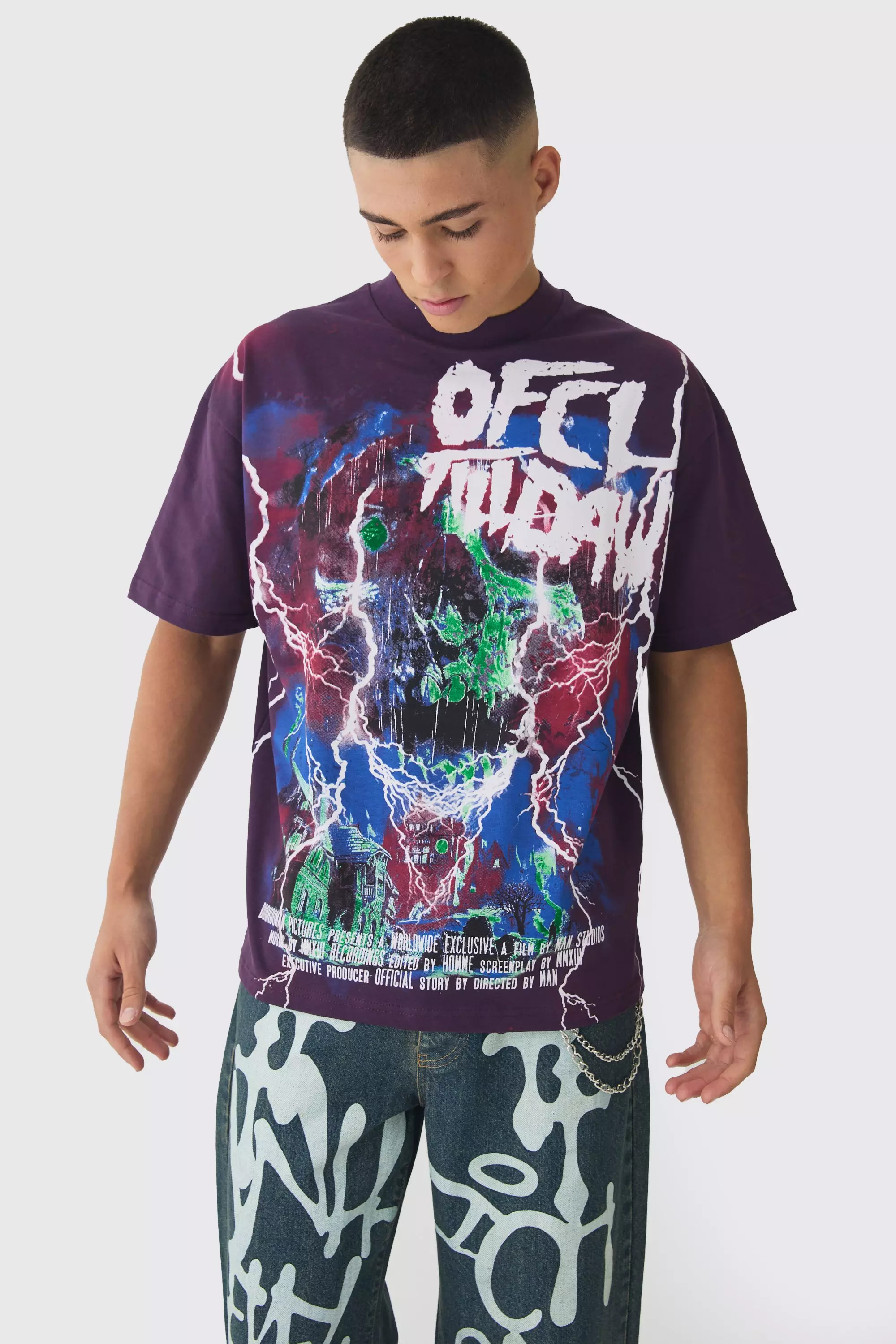 Oversized Extended Neck Large Scale Till Dawn Print T-Shirt Purple