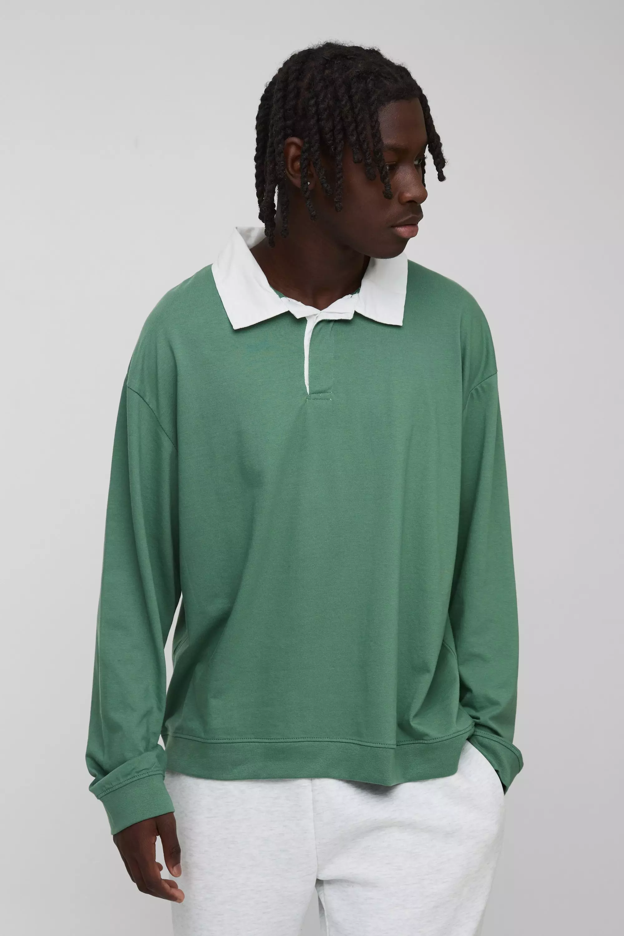 Green Oversized Rugby Long Sleeve Polo