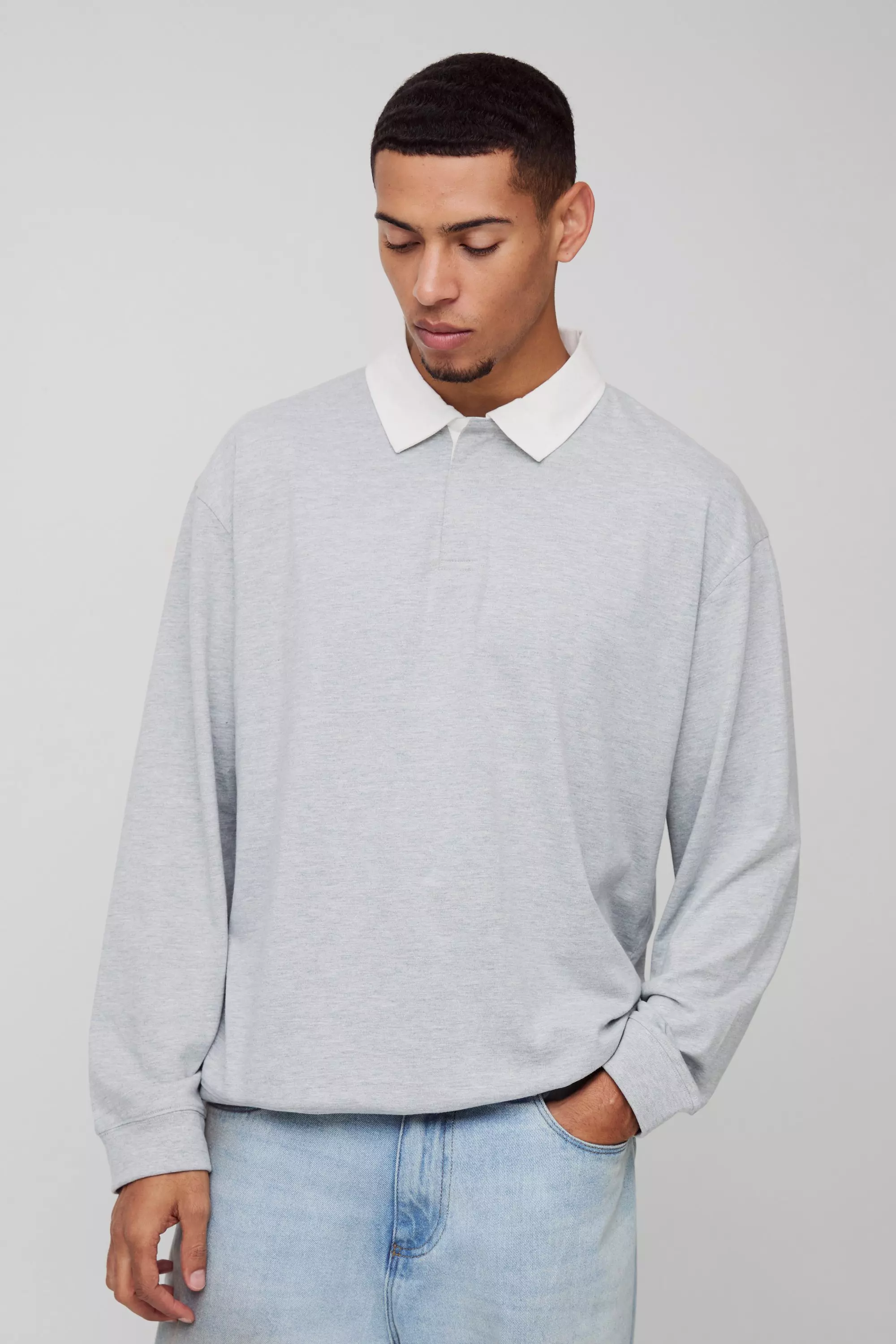 Grey Oversized Rugby Long Sleeve Polo