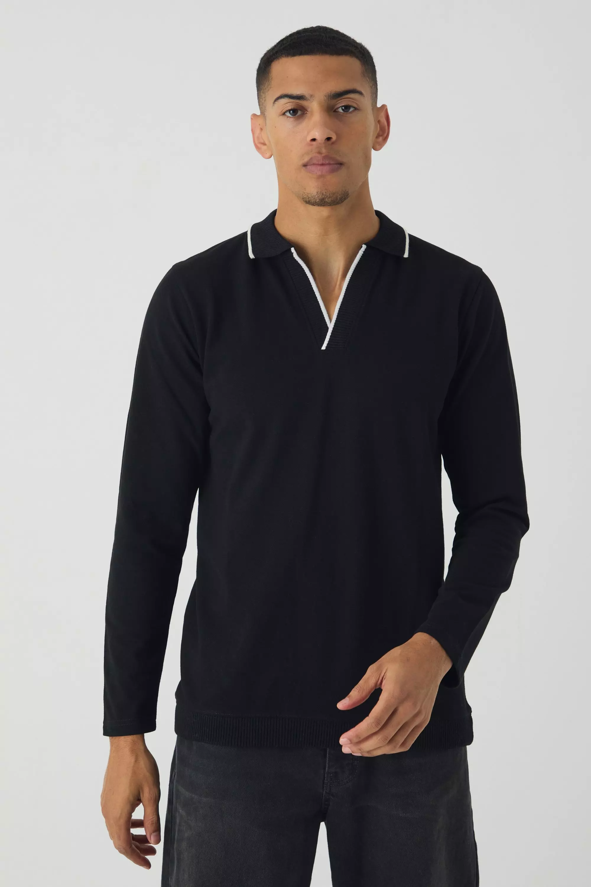 Black Slim Revere Neck Long Sleeve Pique Contrast Tips Polo