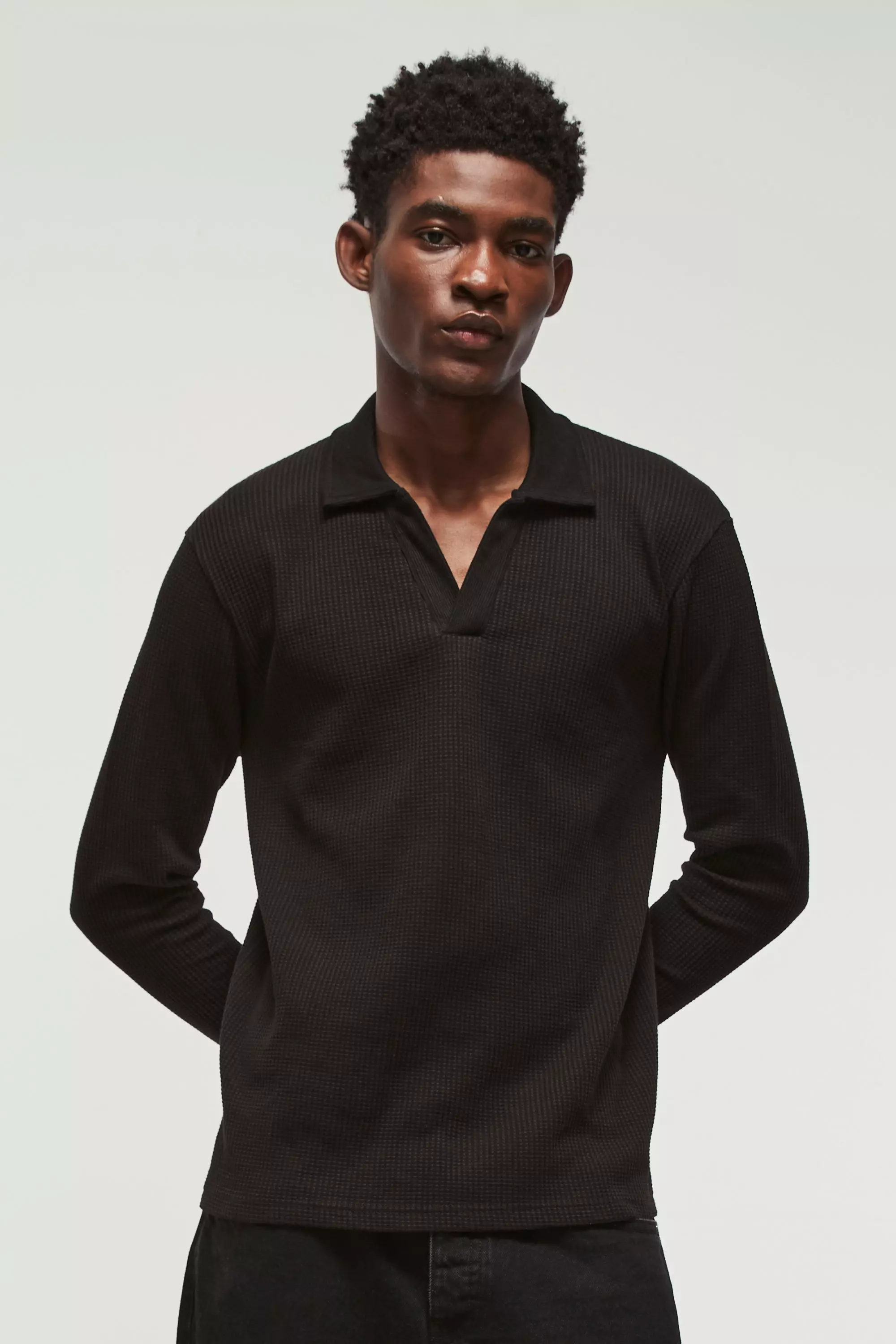 Black V Neck Long Sleeve Jacquard Polo