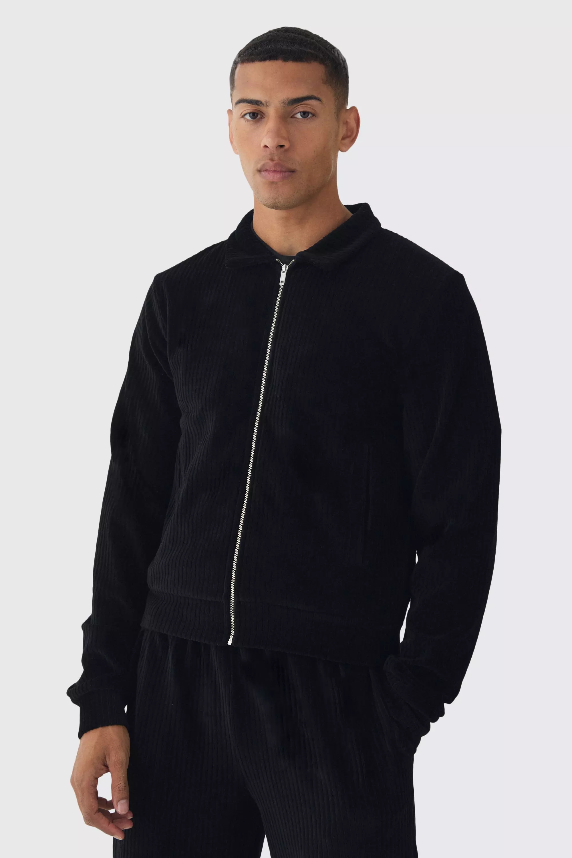 Regular Fit Velour Pleated Track Top Black