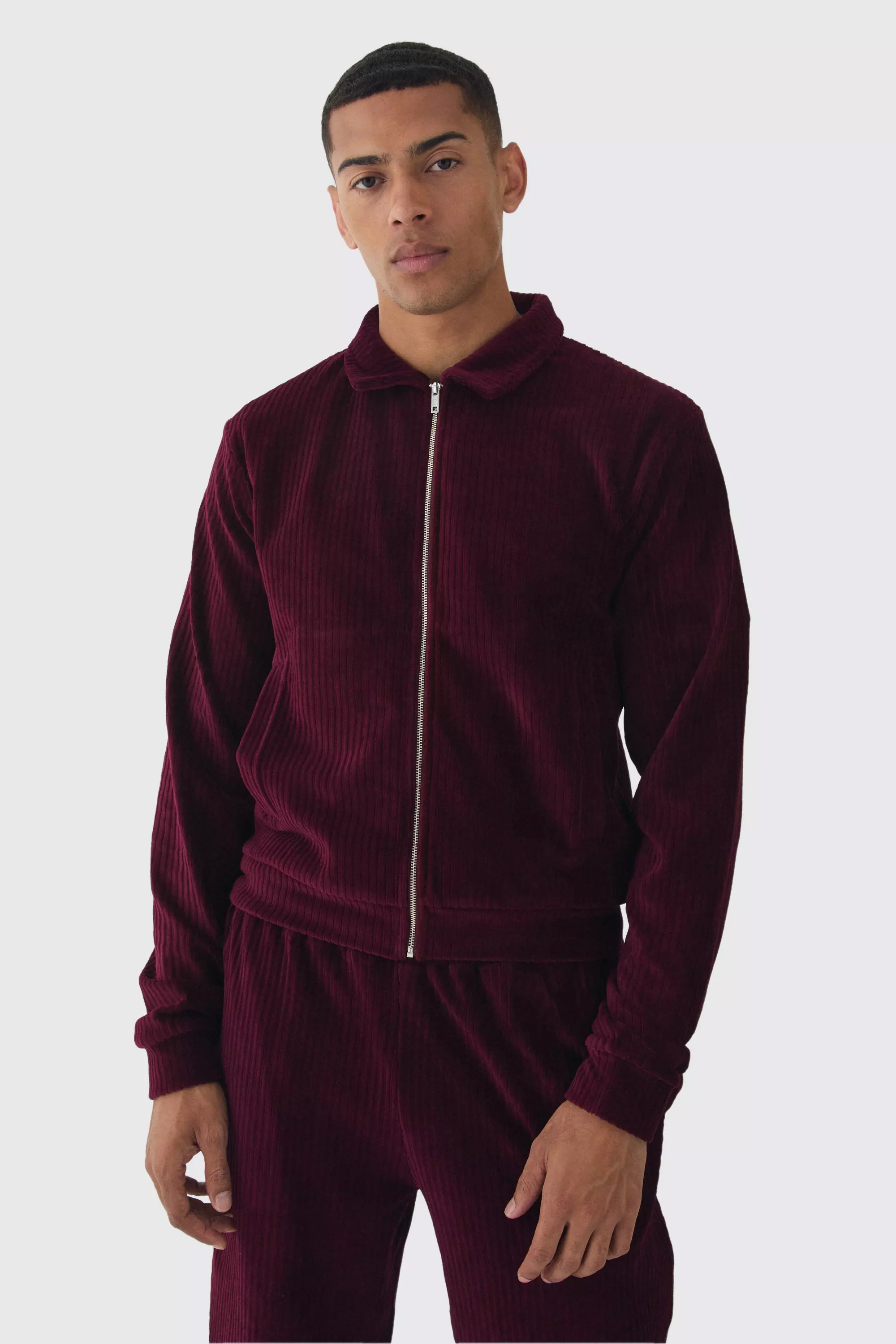 Regular Fit Velour Pleated Track Top Burgundy