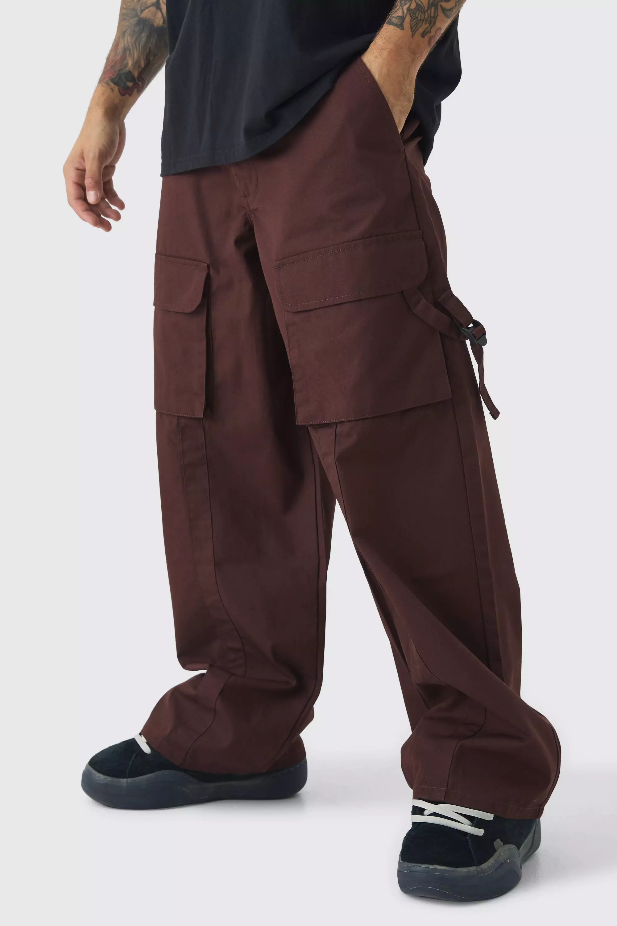 Chocolate Baggy Fit Ripstop Buckle Detail Cargo Pants alternative image