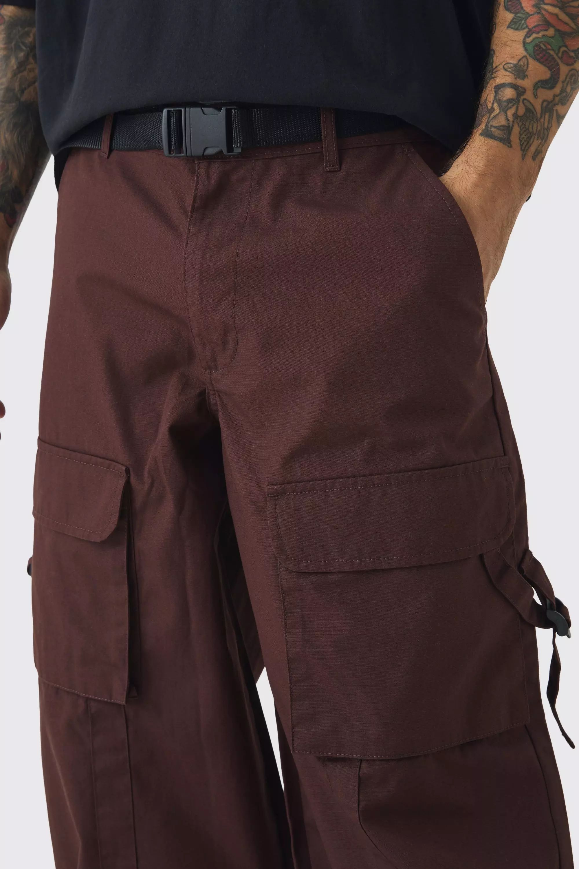 Chocolate Baggy Fit Ripstop Buckle Detail Cargo Pants alternative image