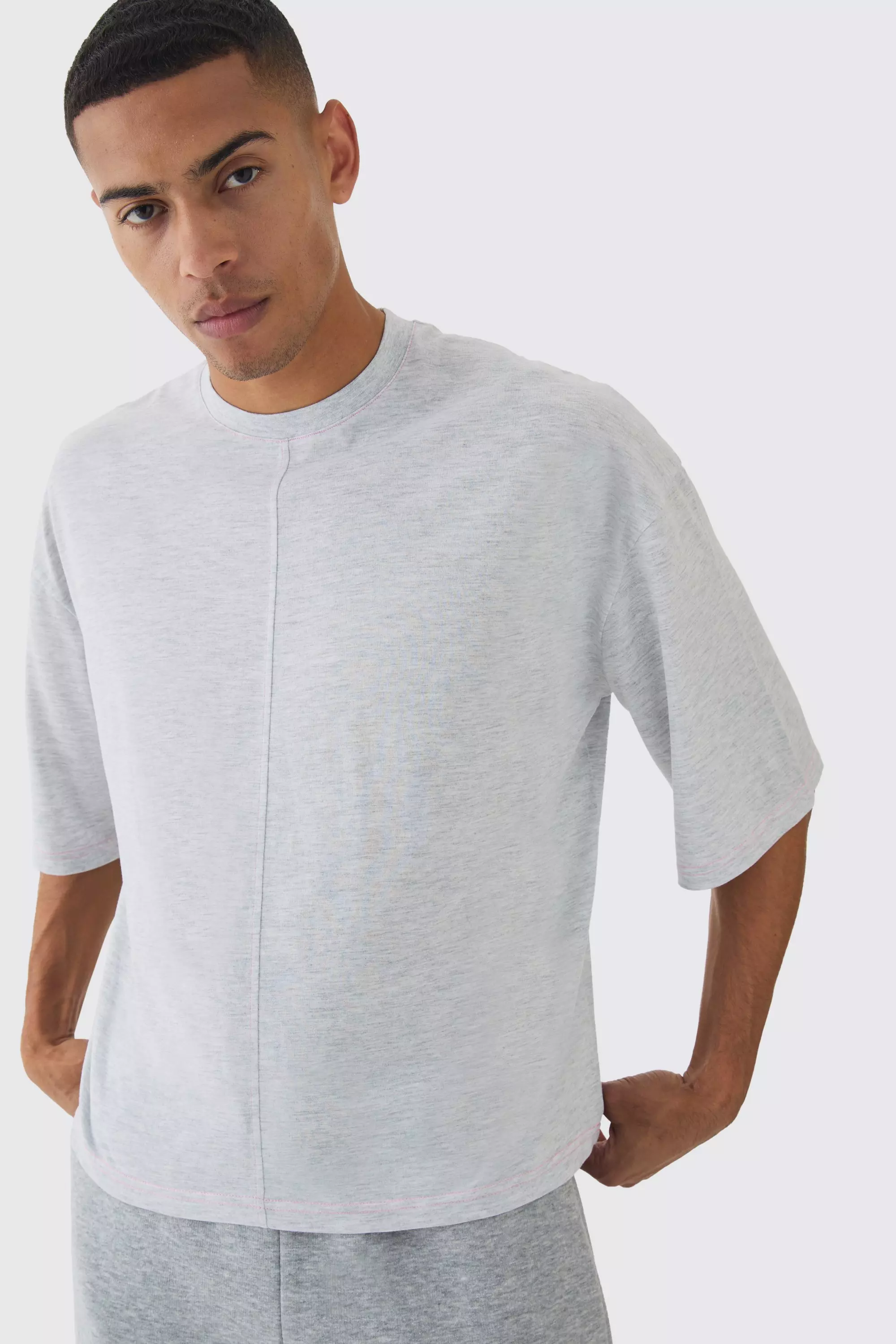 Oversized Boxy Contrast Stitch Half Sleeve T-shirt Ash grey