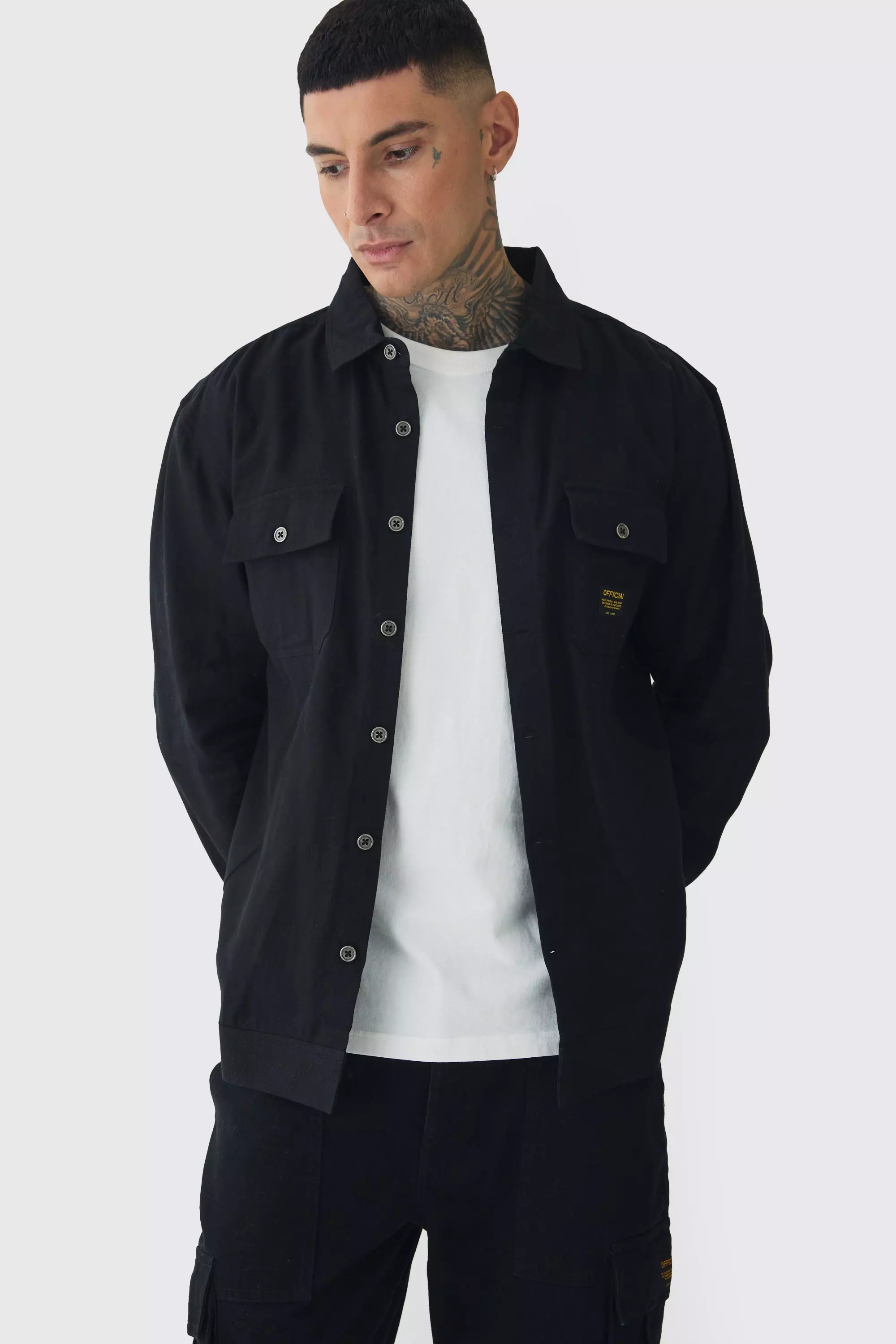 Tall Worker Shirt Jacket in Black | boohooMAN USA