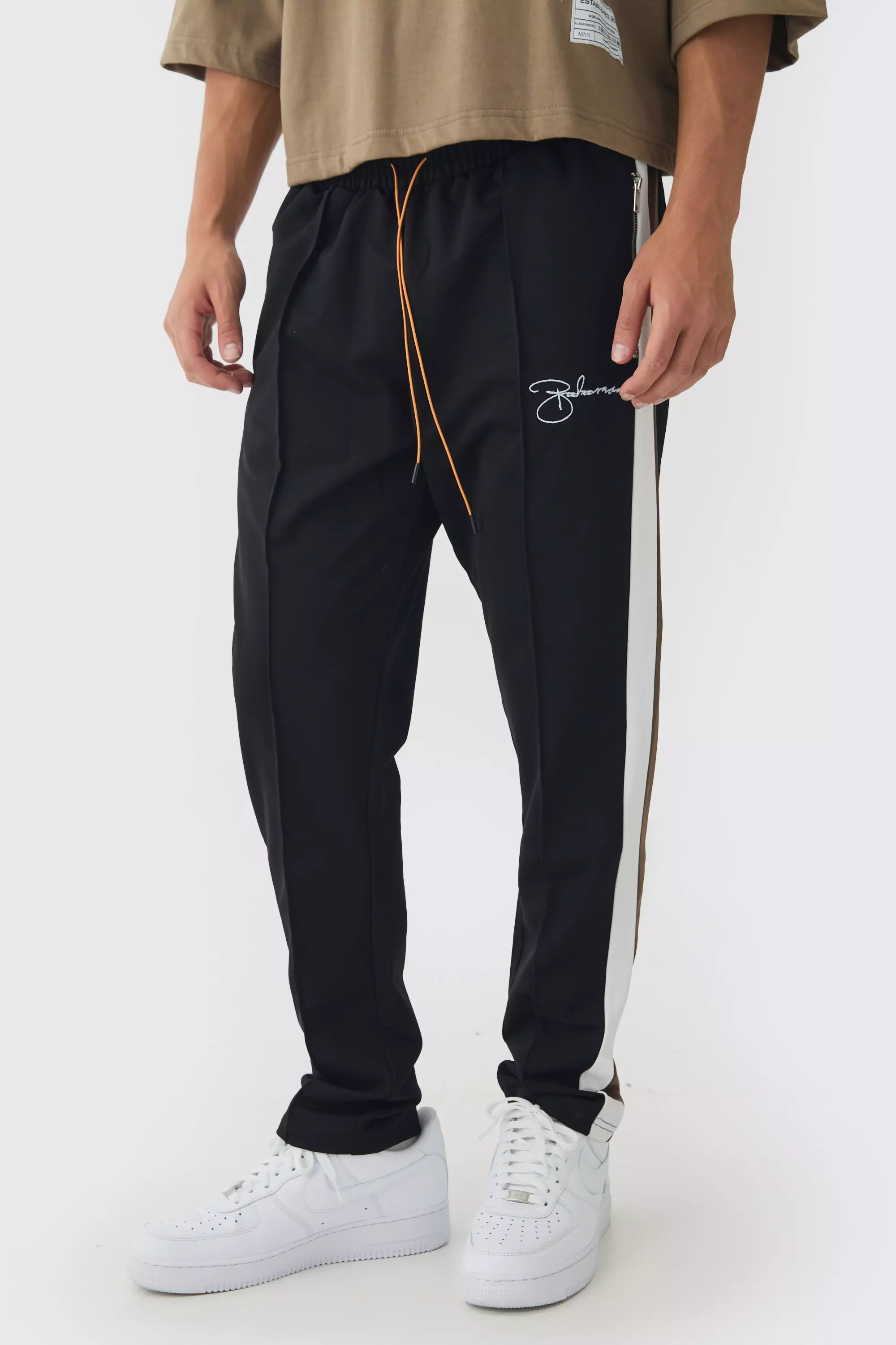 Slim Tapered Pique Panel Boohooman Embroidered Sweatpants Black