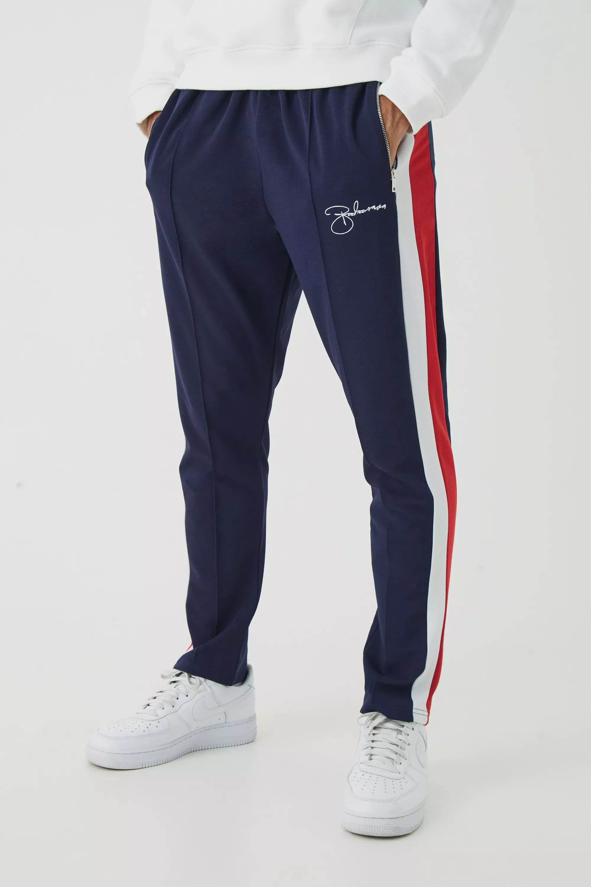 Slim Tapered Pique Panel Boohooman Embroidered Sweatpants Navy