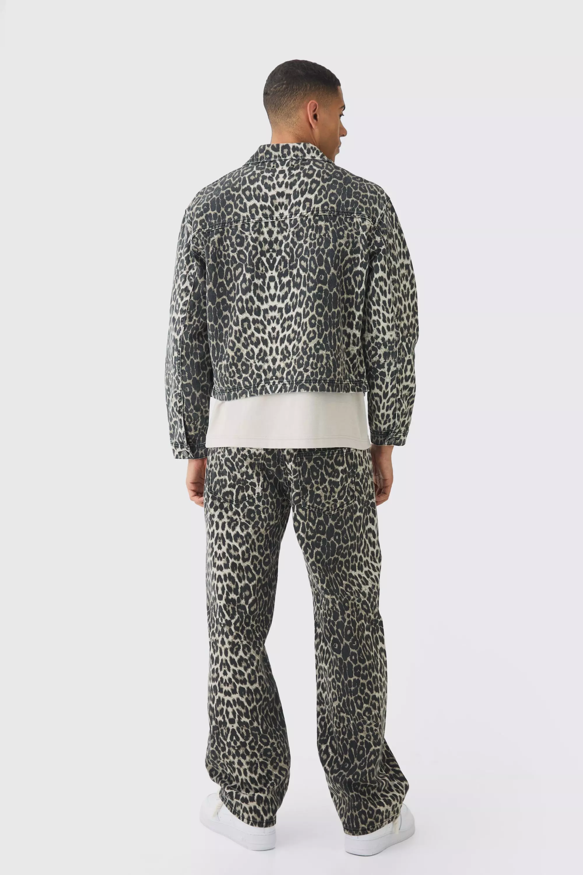 Brown Relaxed Cropped Leopard Denim Jacket alternative image
