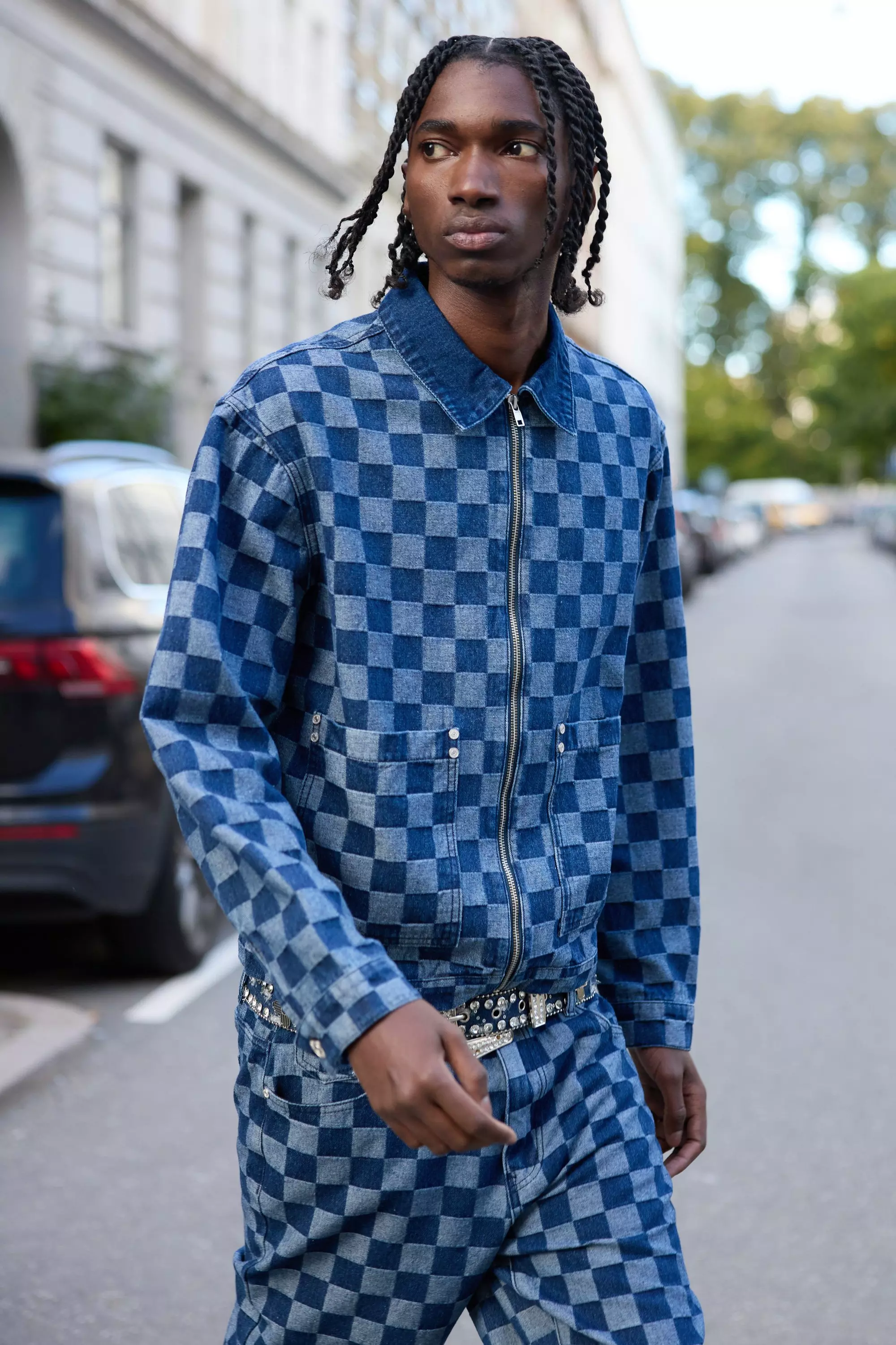 Indigo Relaxed Jacquard Checkerboard Trucker Denim Jacket alternative image