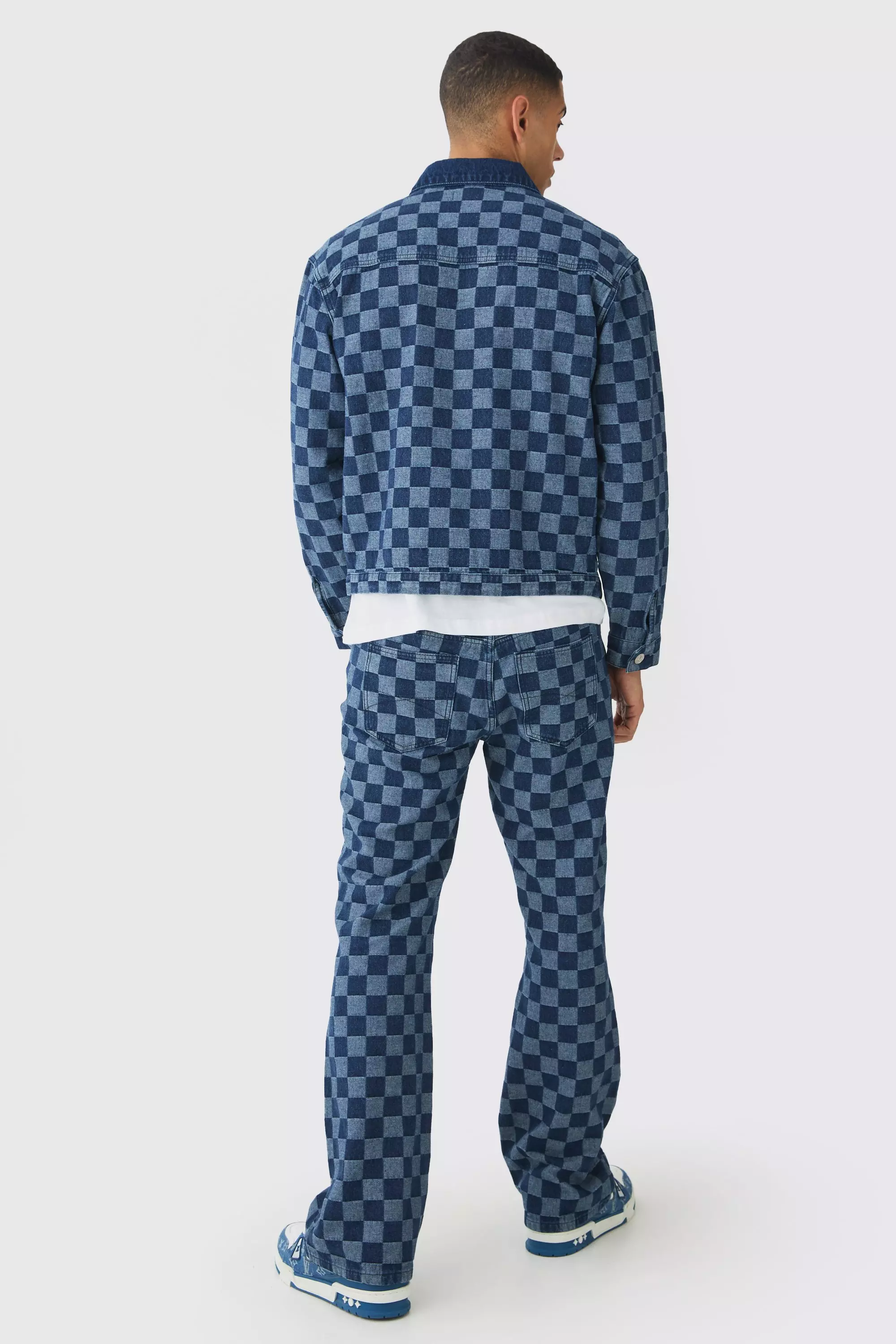 Indigo Relaxed Jacquard Checkerboard Trucker Denim Jacket alternative image