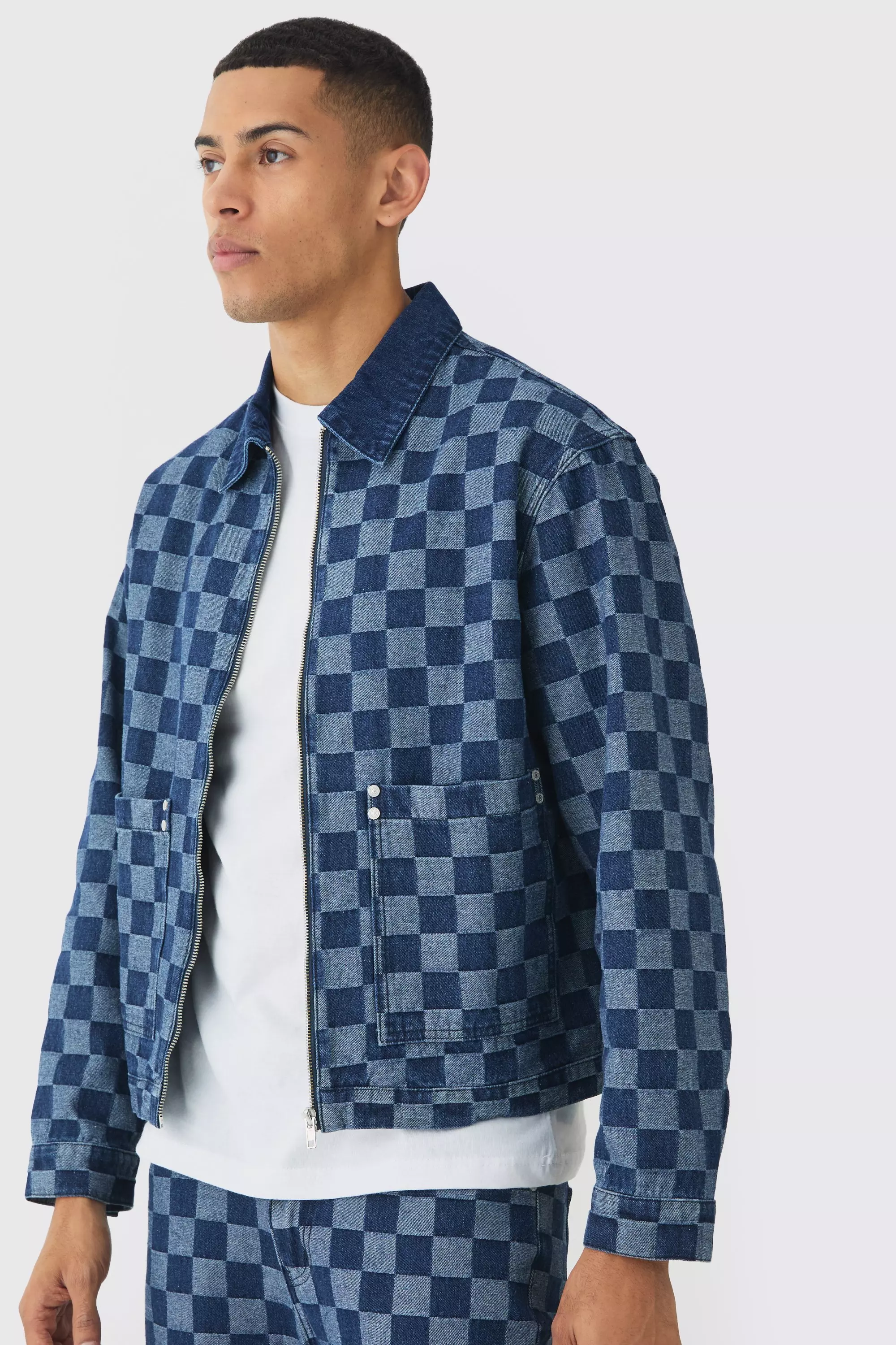 Indigo Relaxed Jacquard Checkerboard Trucker Denim Jacket alternative image