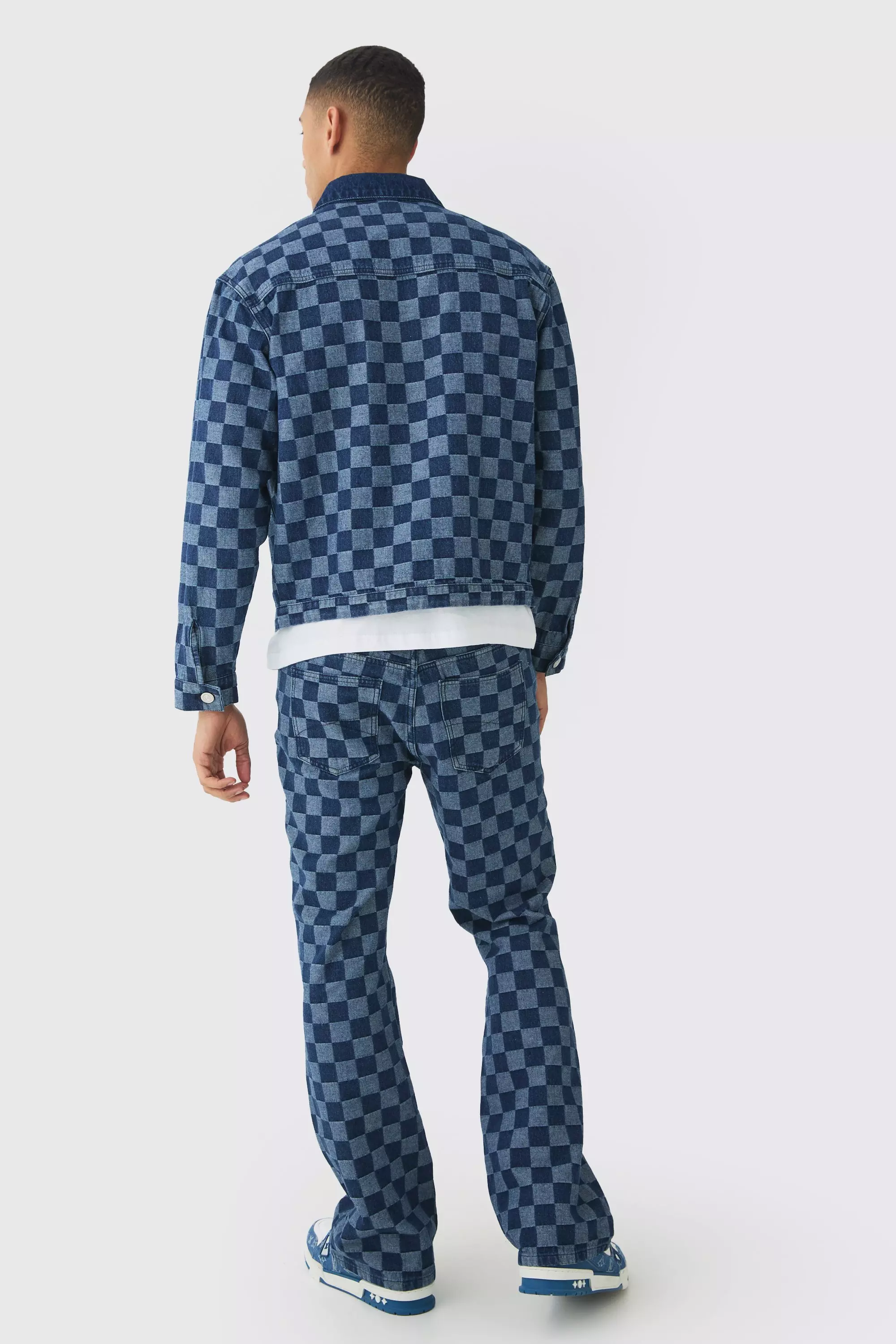 Indigo Relaxed Flared Jacquard Checkerboard Jeans alternative image