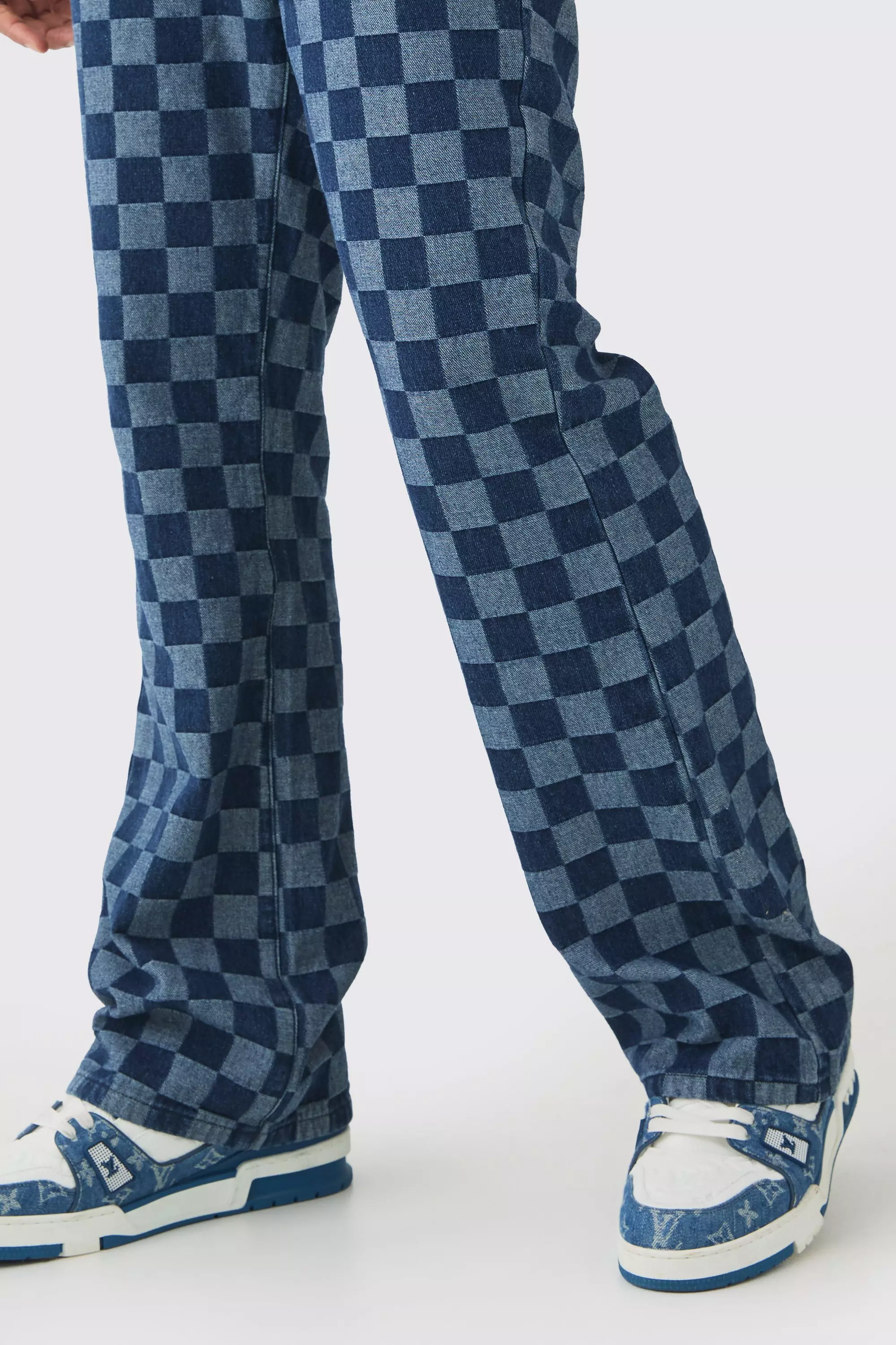 Indigo Relaxed Flared Jacquard Checkerboard Jeans alternative image