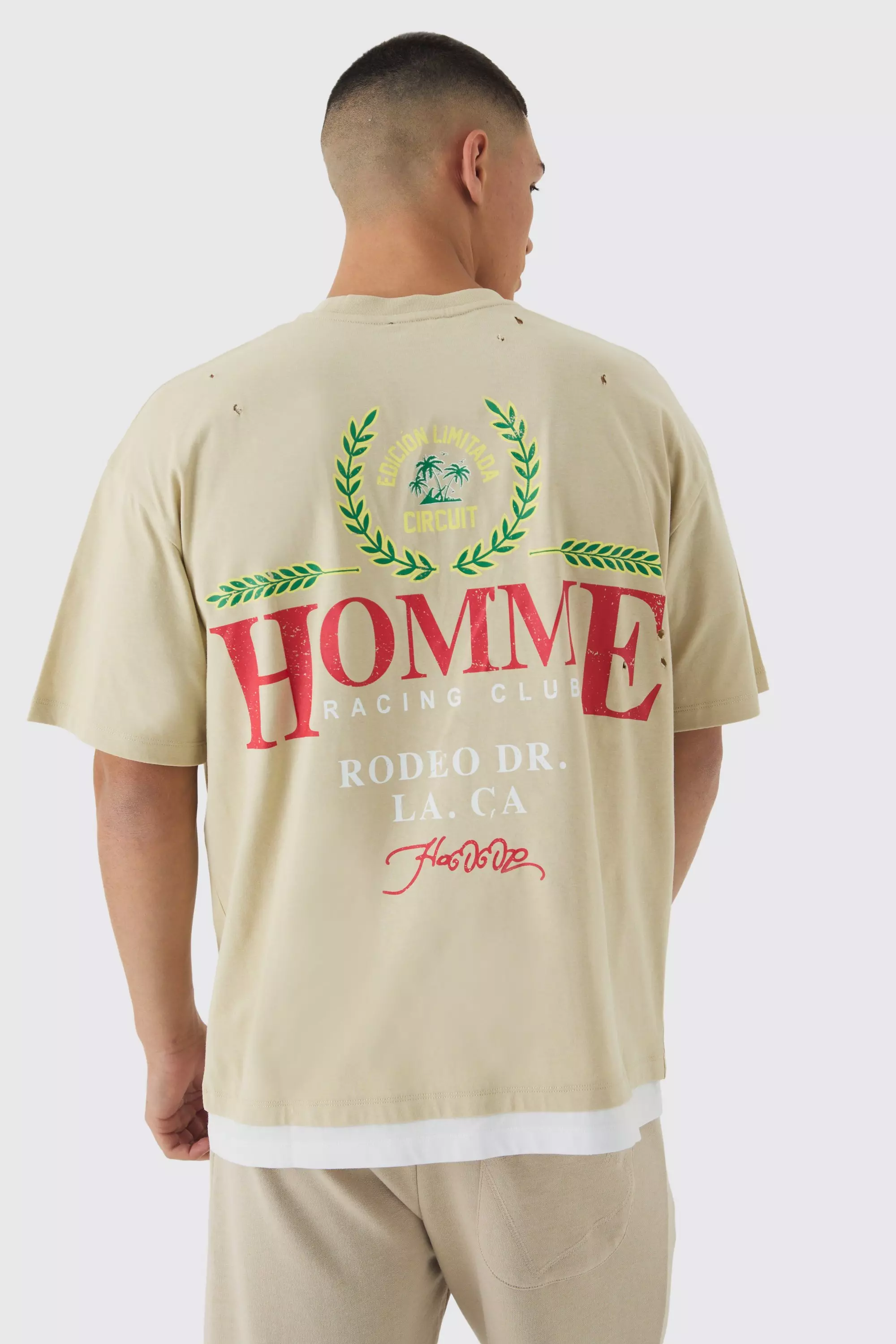 Stone Beige Oversized Faux Layered Homme Crest Nibbling T-shirt