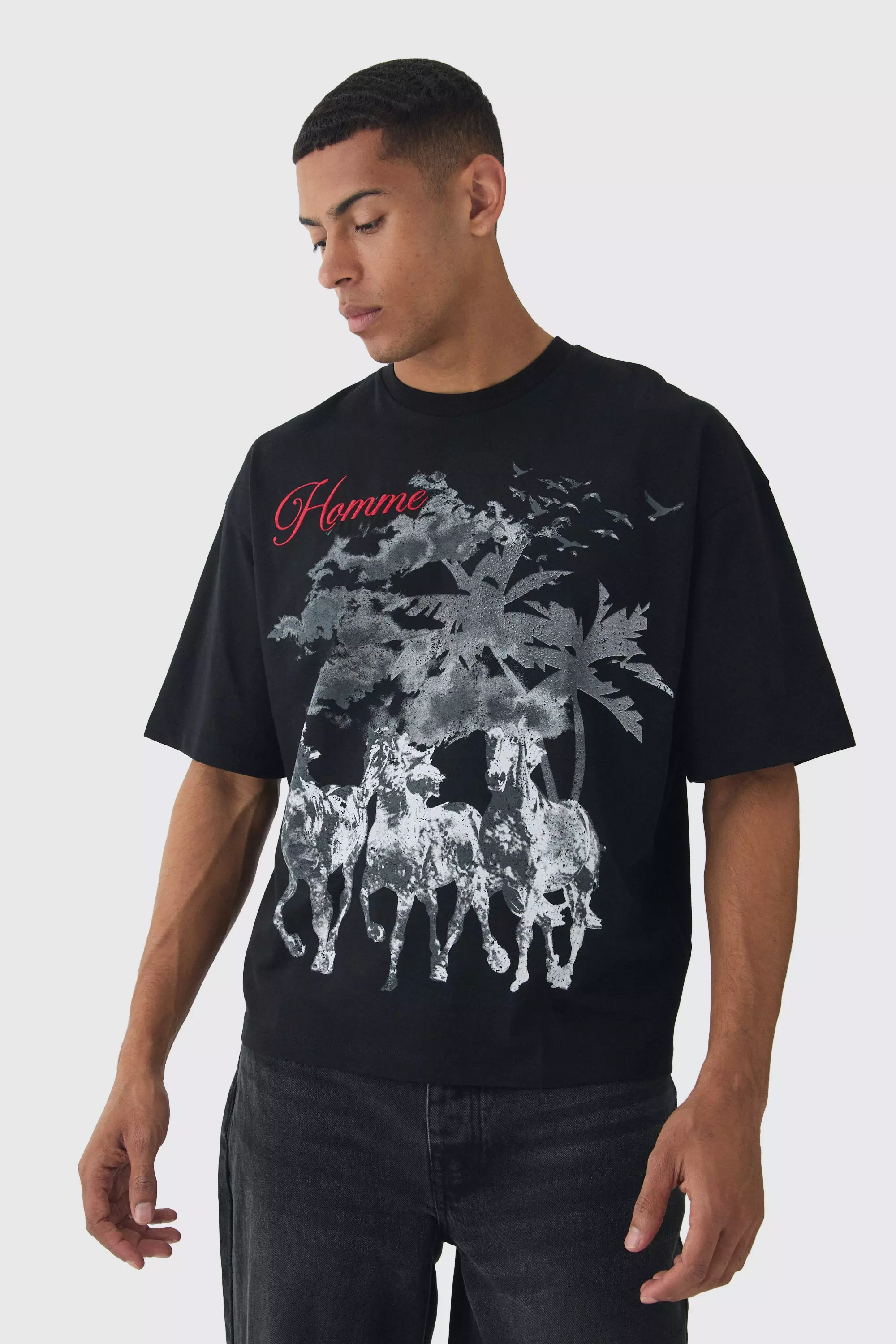 Oversized Boxy Western Horse T-Shirt Black