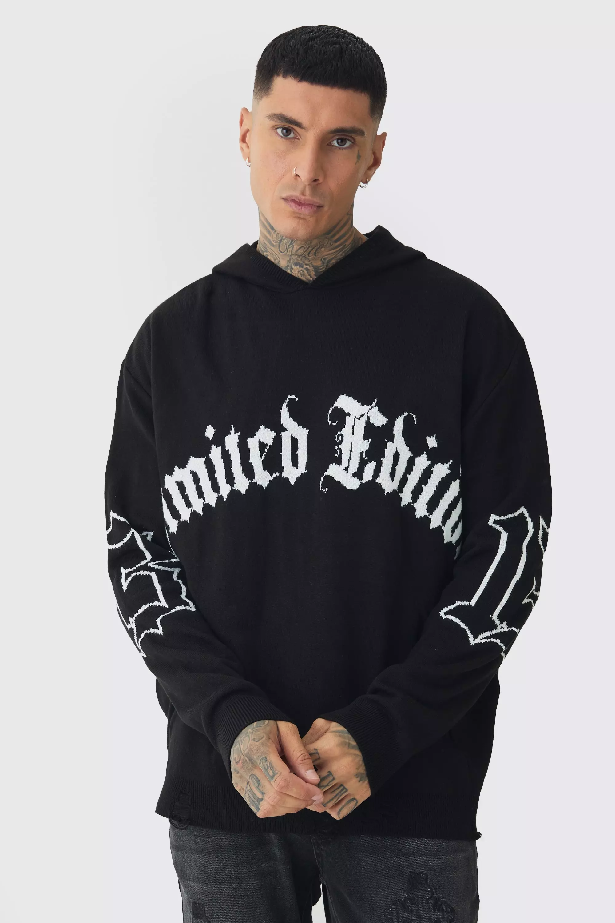 Tall Limited Edition Distressed Knitted Hoodie Black