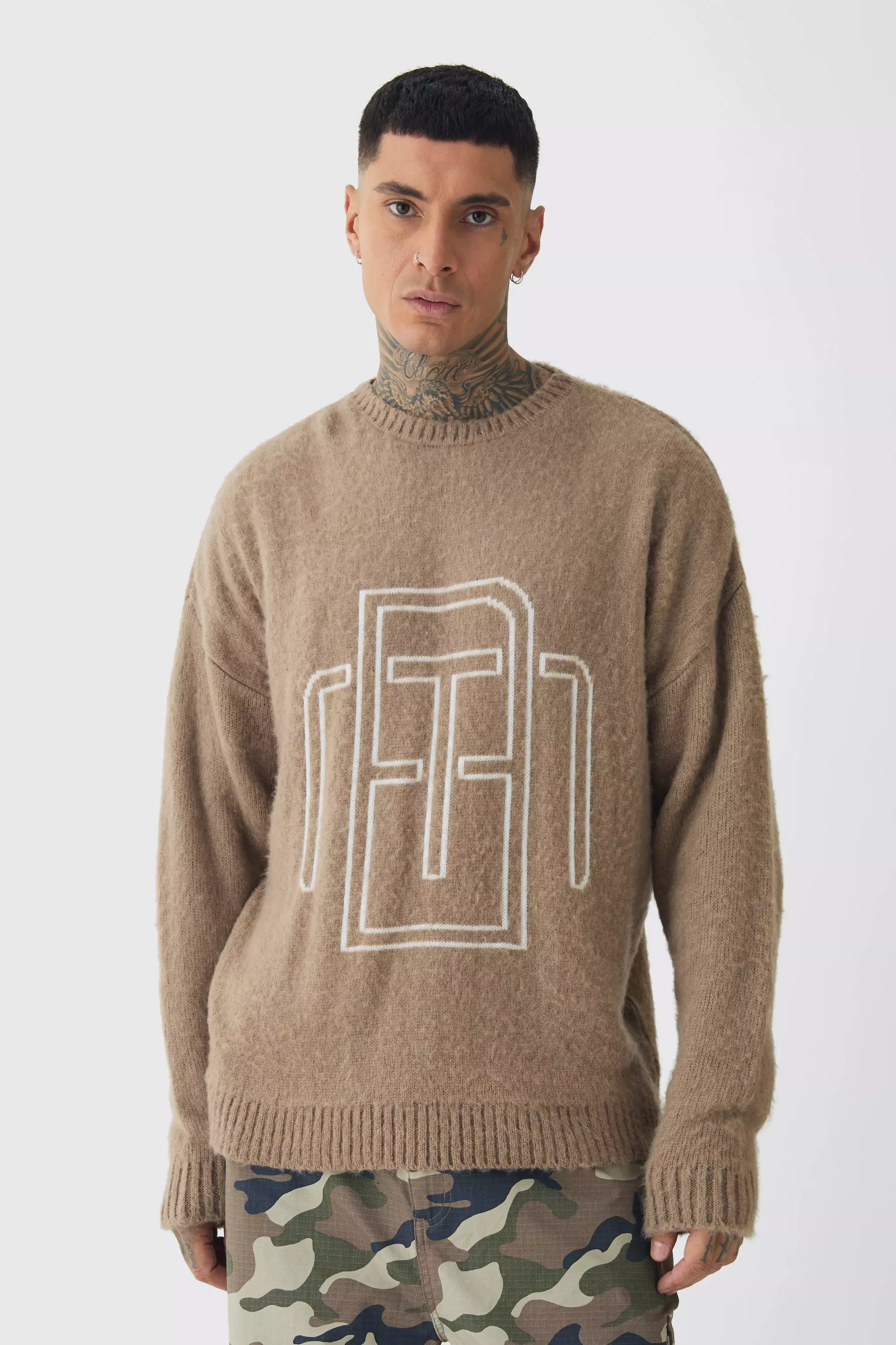 Tall - Pull en maille pelucheuse à slogan BM, Taupe autre image