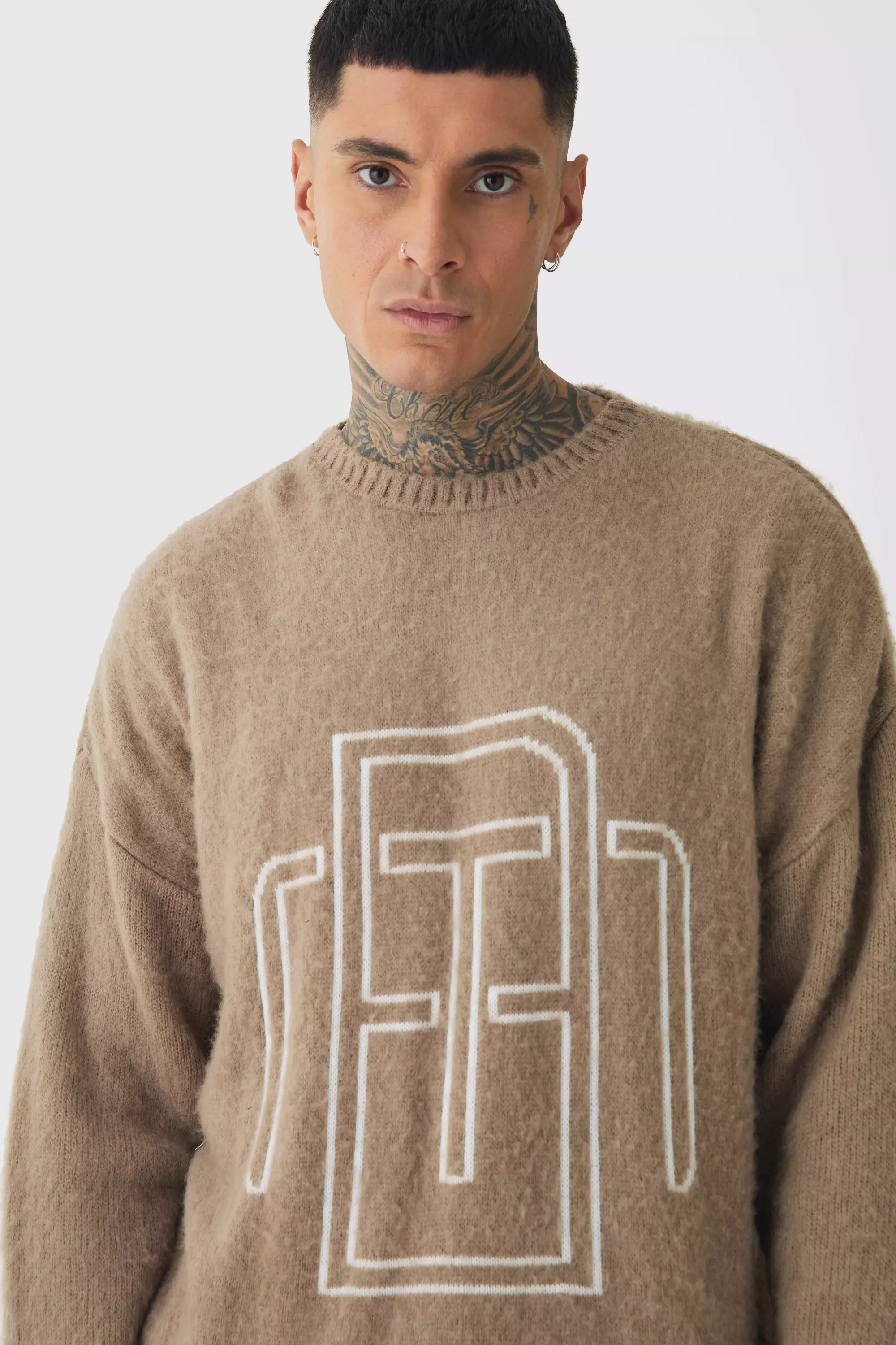 Tall - Pull en maille pelucheuse à slogan BM, Taupe autre image