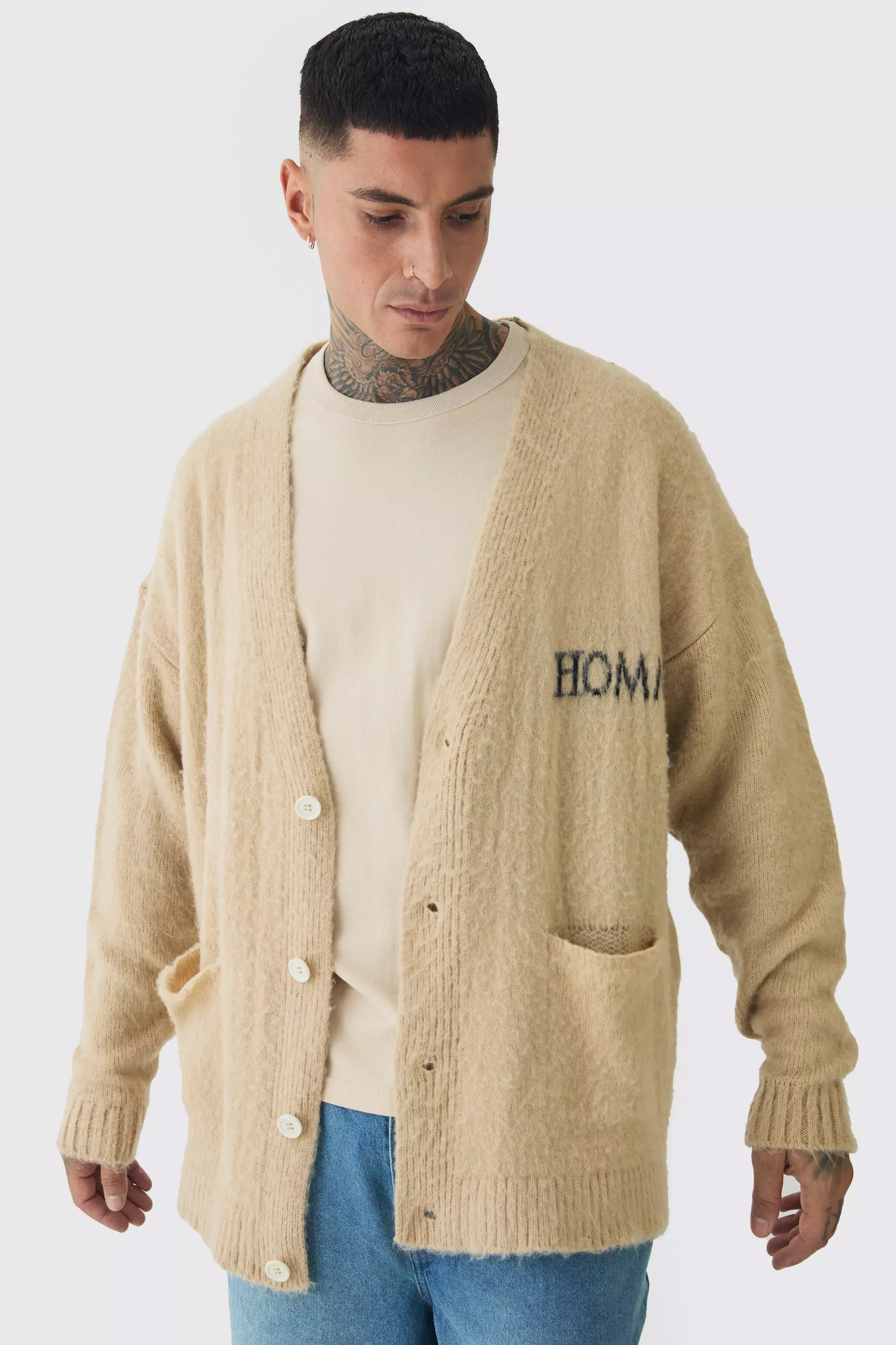 Tall Homme Fluffly Knit Cardigan Ecru