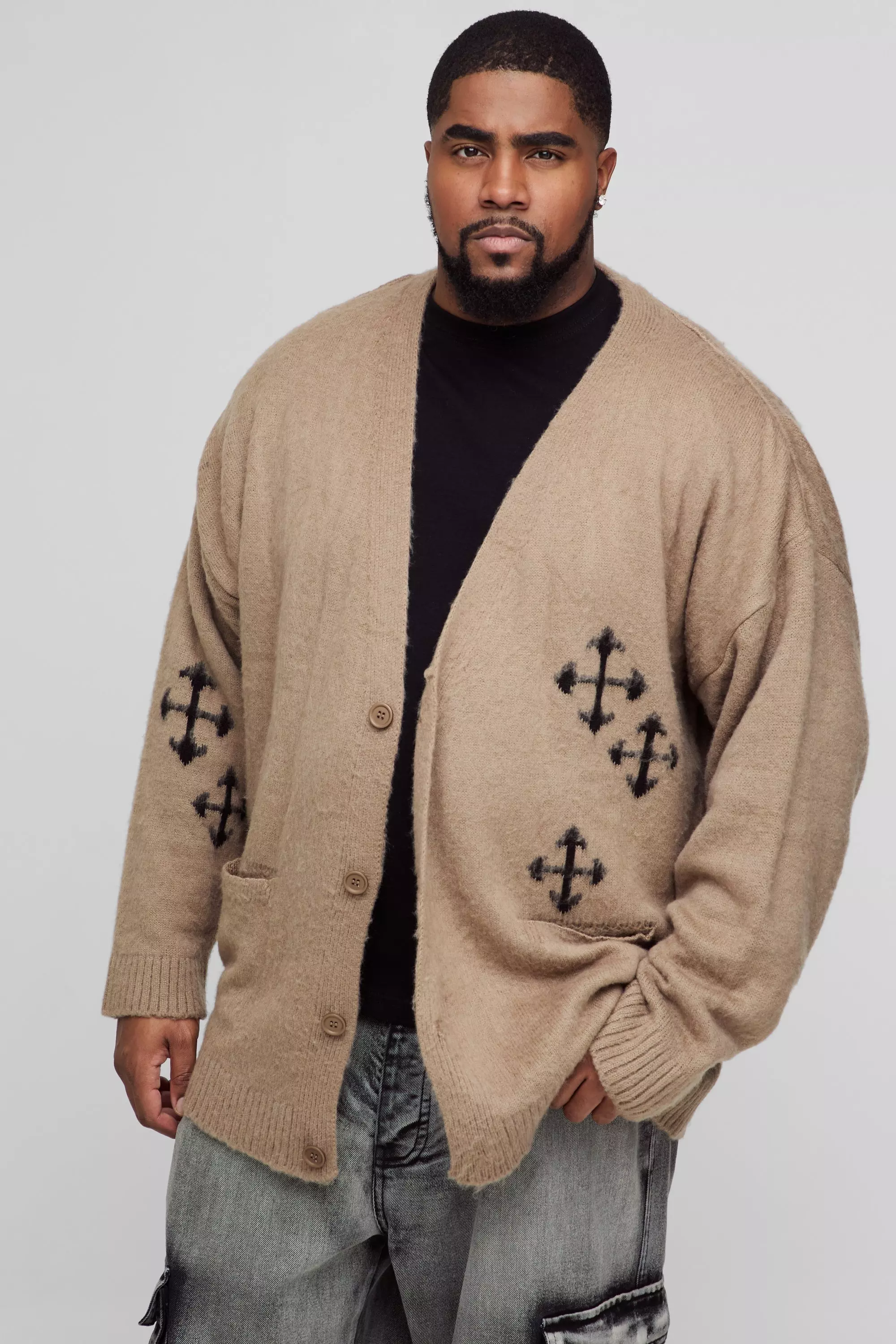 Taupe Plus Fluffy Knit Gothic Cross Applique Cardigan alternative image