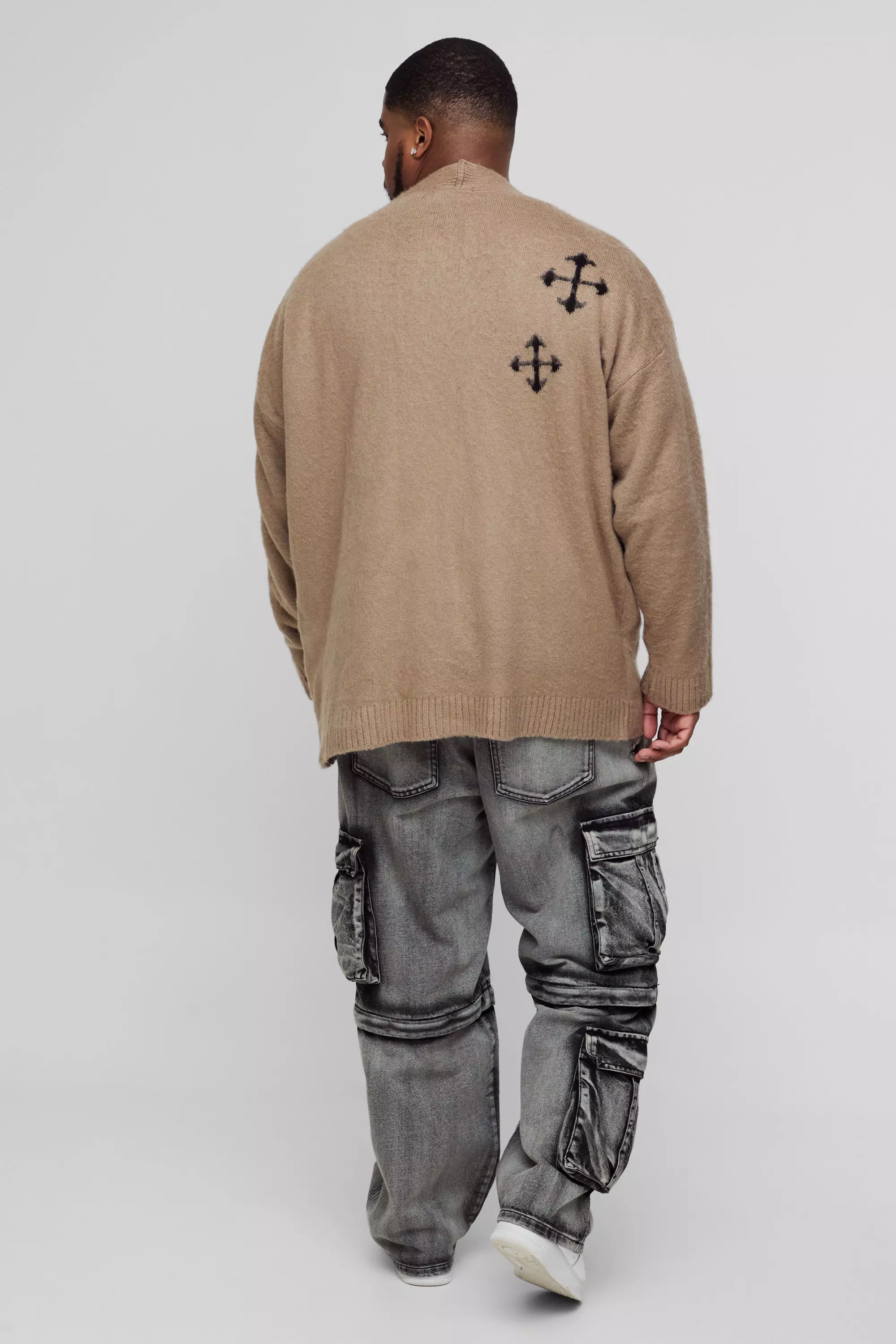 Taupe Plus Fluffy Knit Gothic Cross Applique Cardigan alternative image
