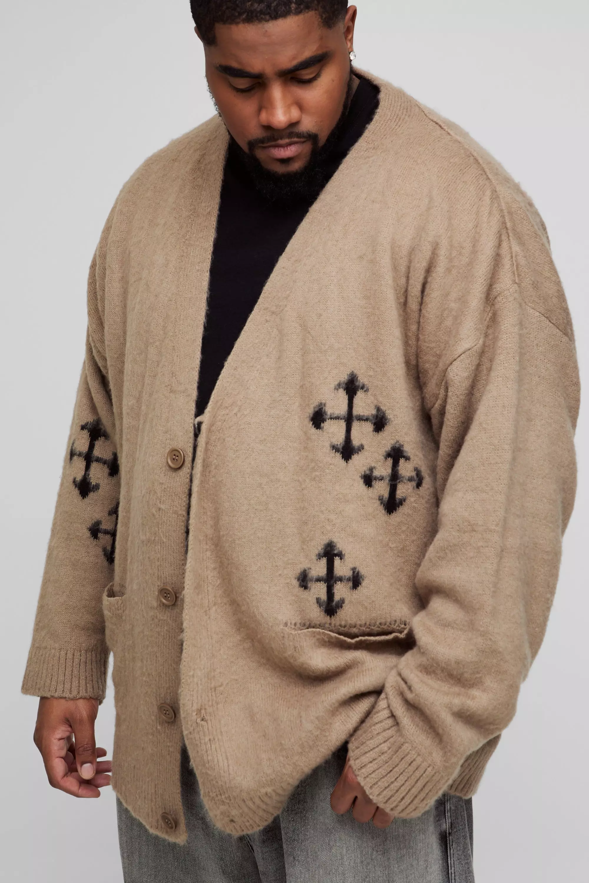 Taupe Plus Fluffy Knit Gothic Cross Applique Cardigan alternative image