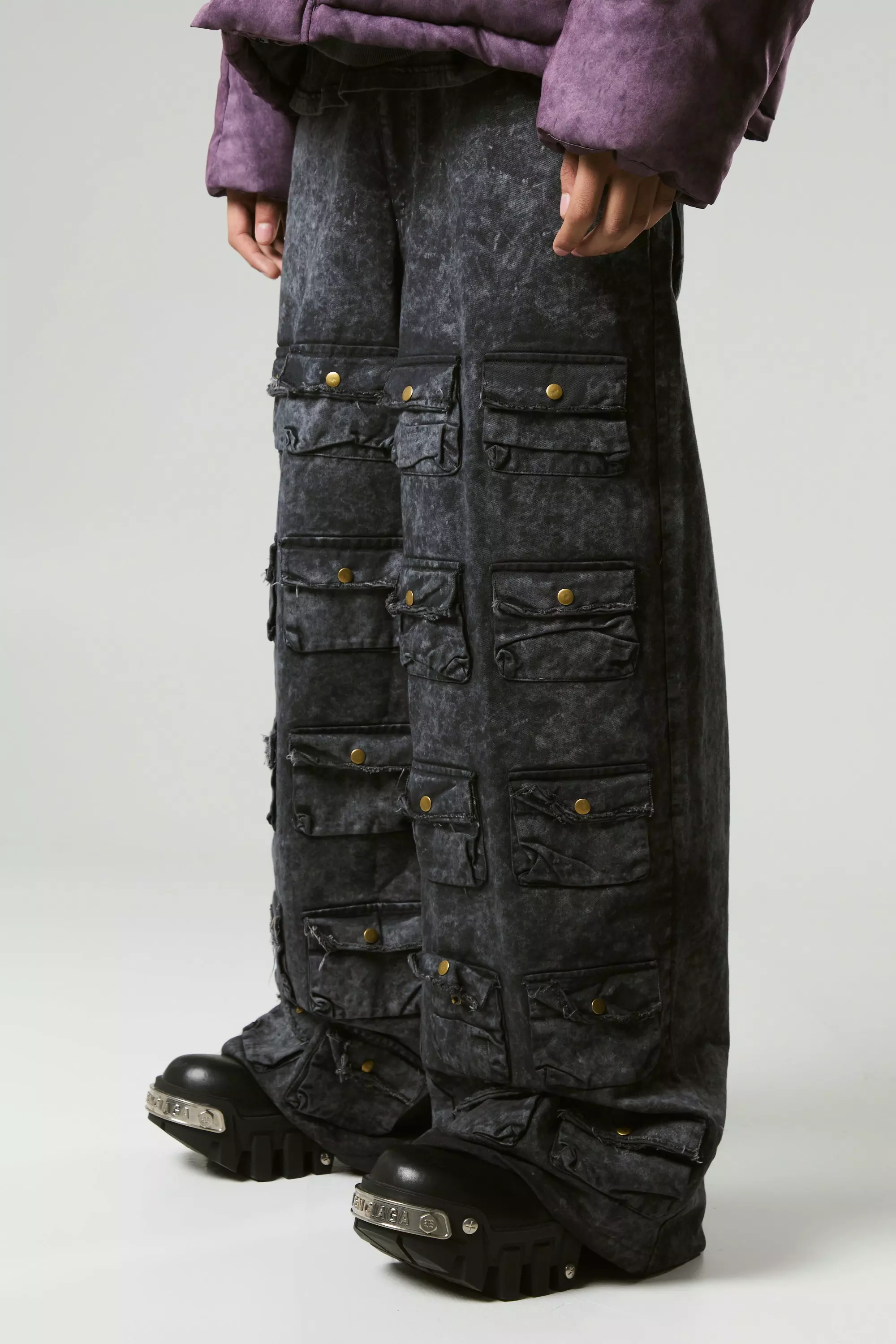 Baggy Fit Multi Cargo Distressed Washed Trousers Charcoal