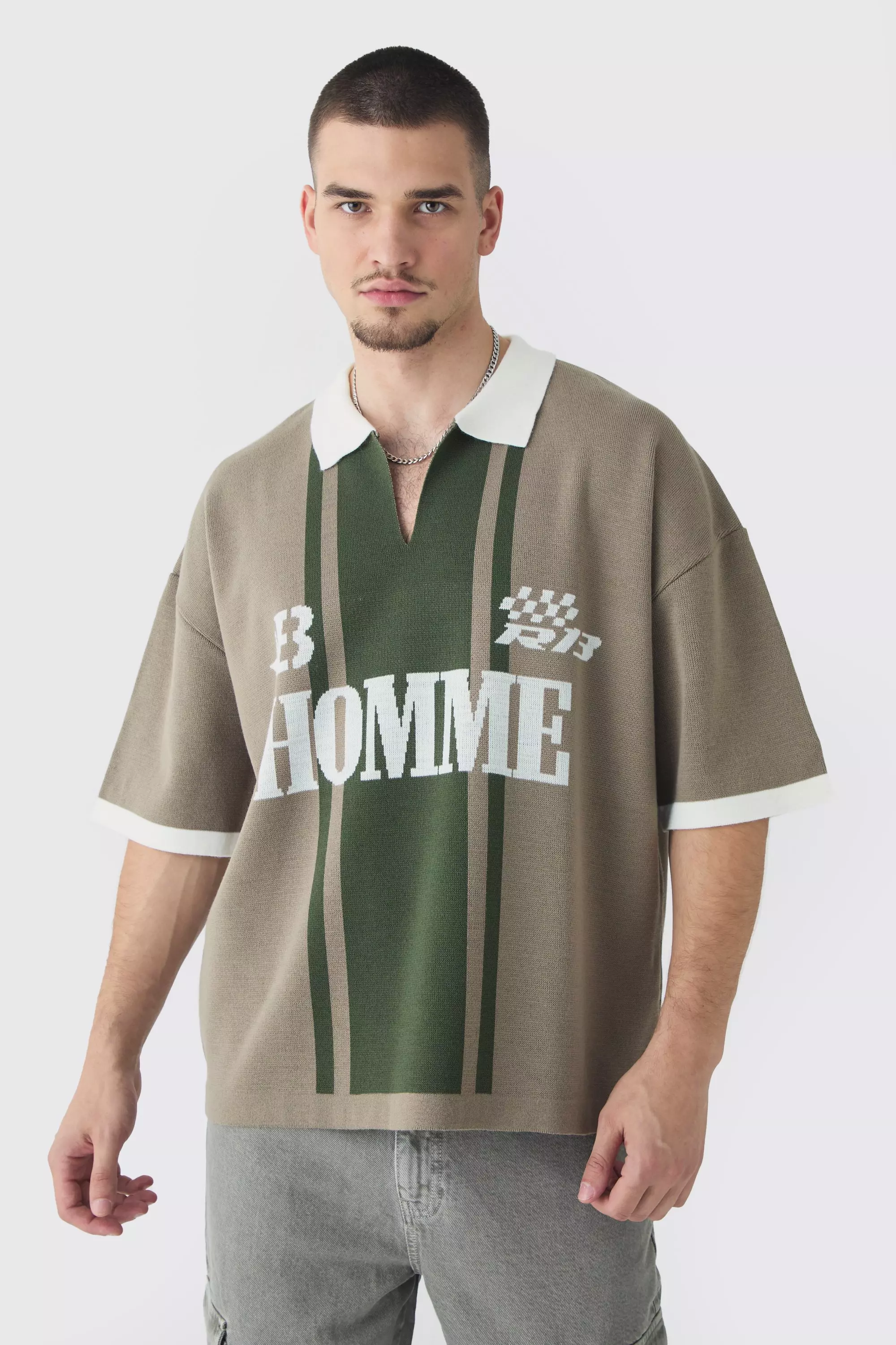 Tall Oversized Boxy Football Knitted Polo Shirt Taupe