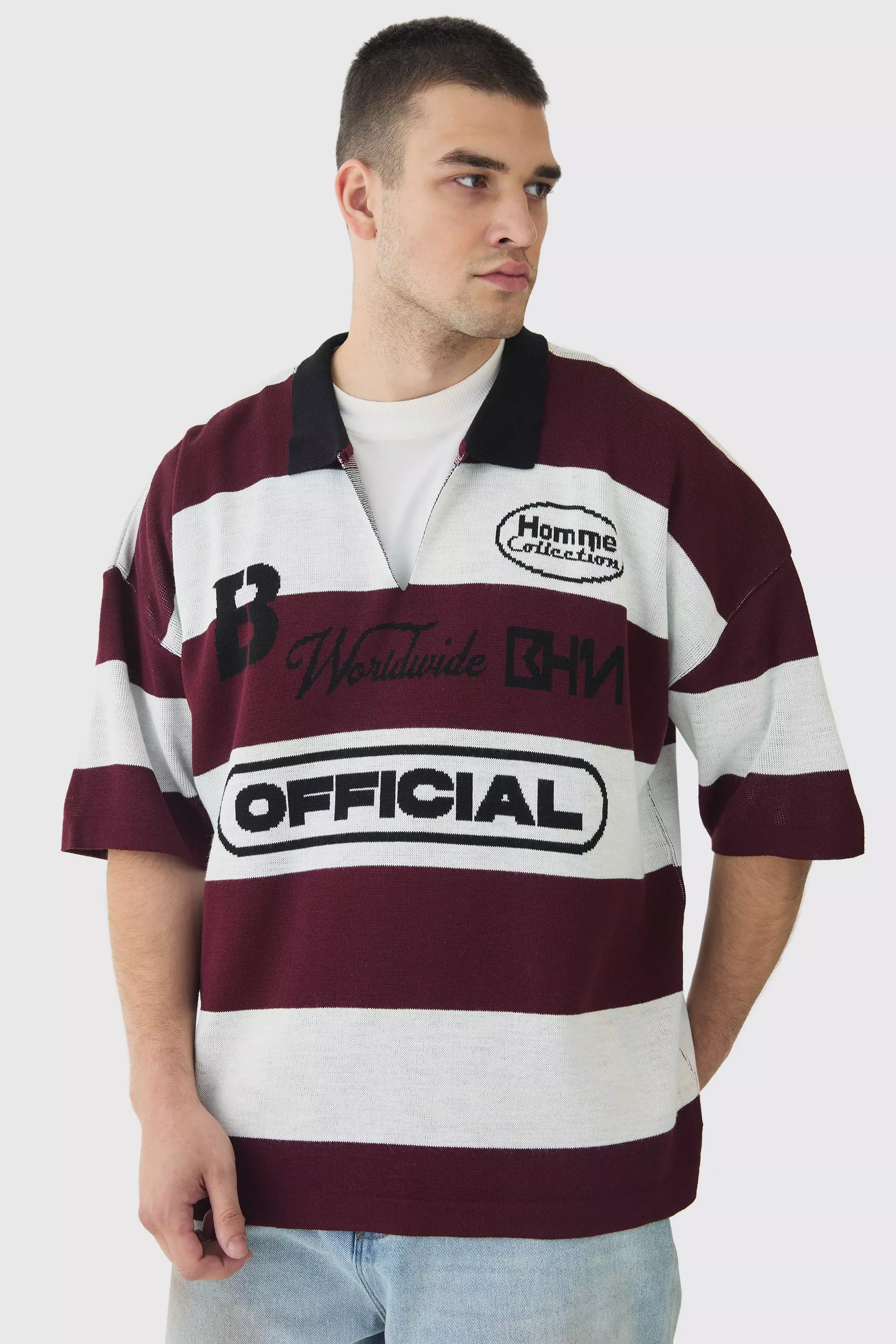 Tall Oversized Boxy Football Knitted Polo Shirt Burgundy