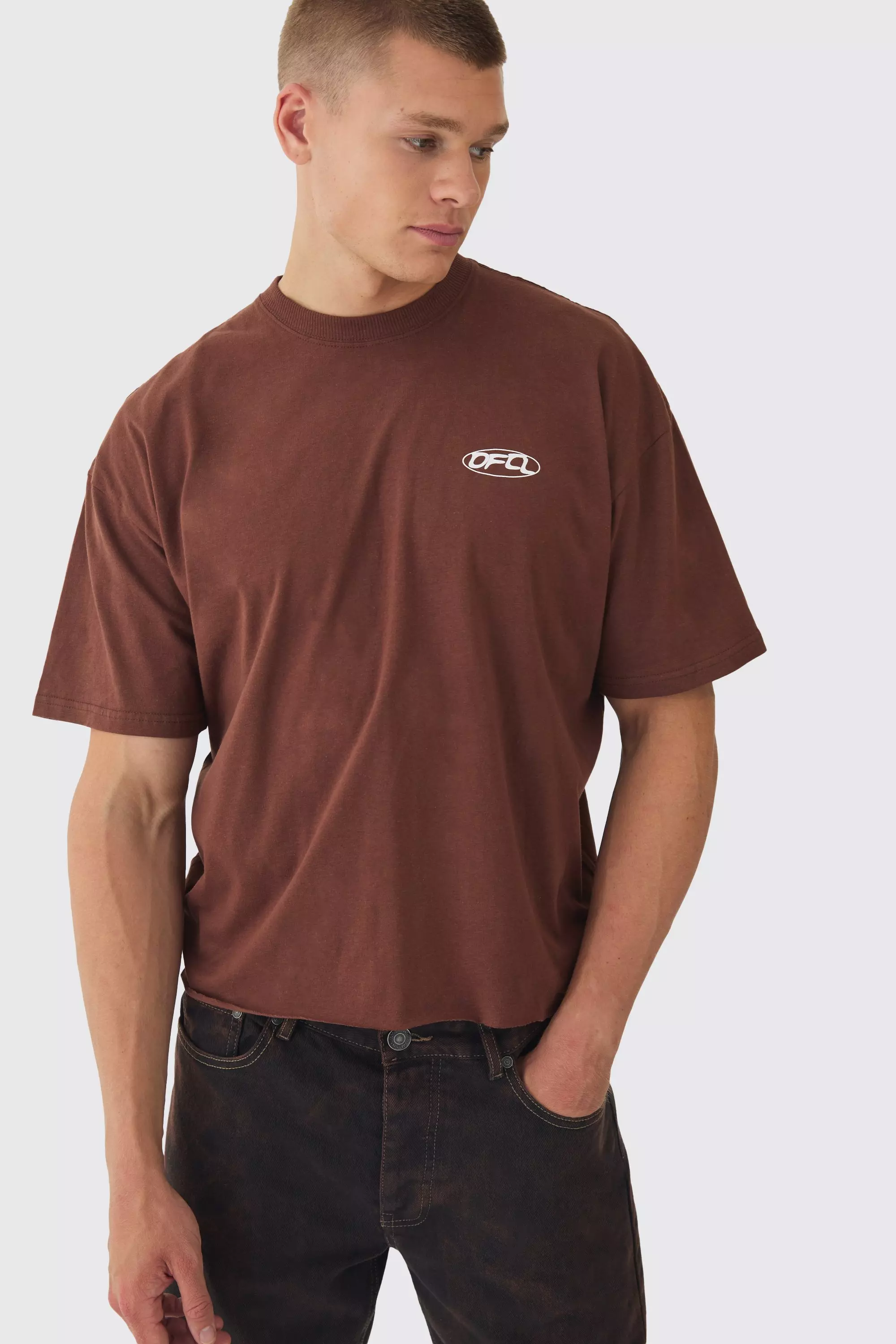 Chocolate Brown Boxy OFCL Wash Print T-Shirt