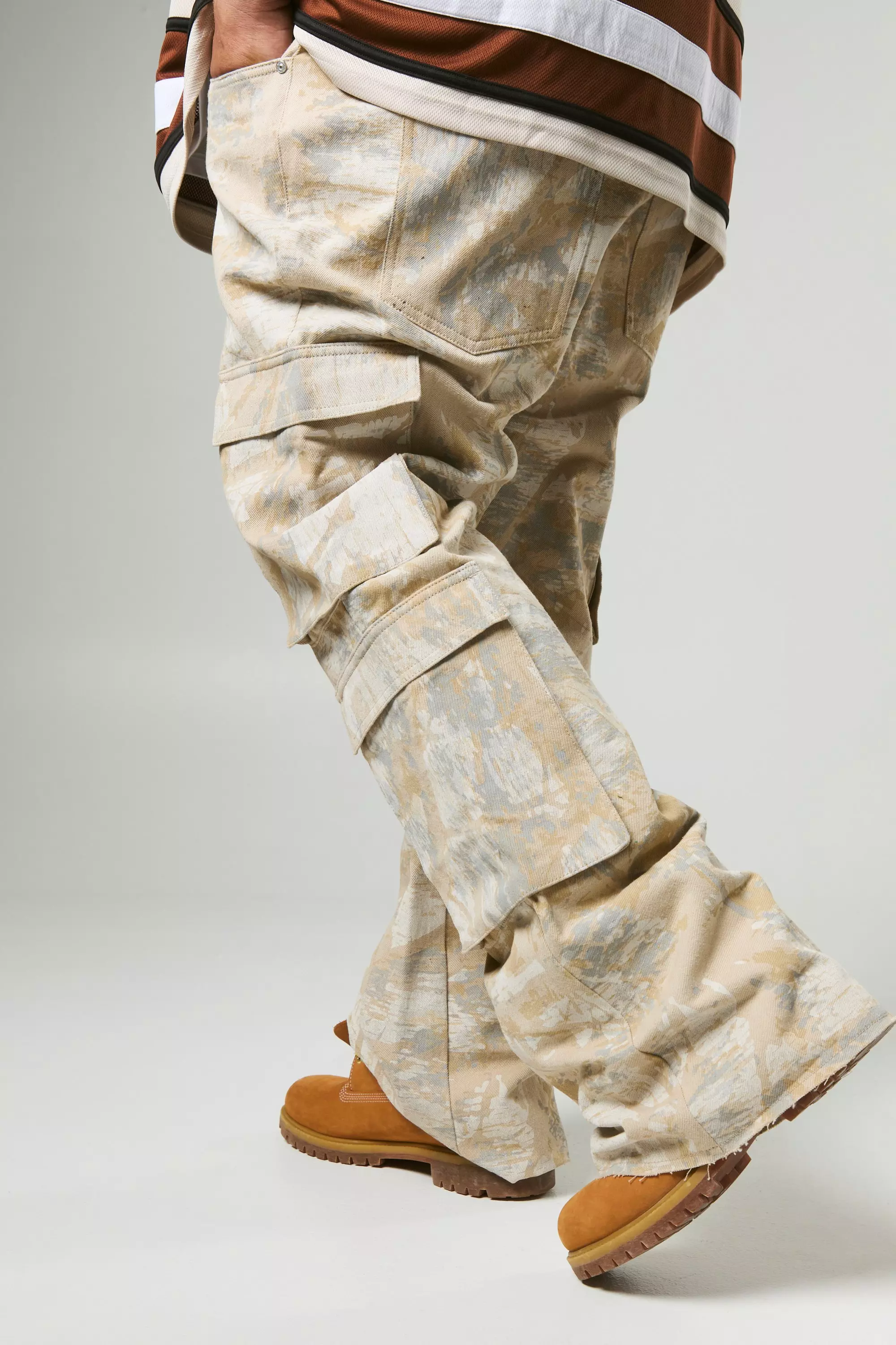 Plus Forest Camo Multi Cargo Slim Flared Jeans Stone