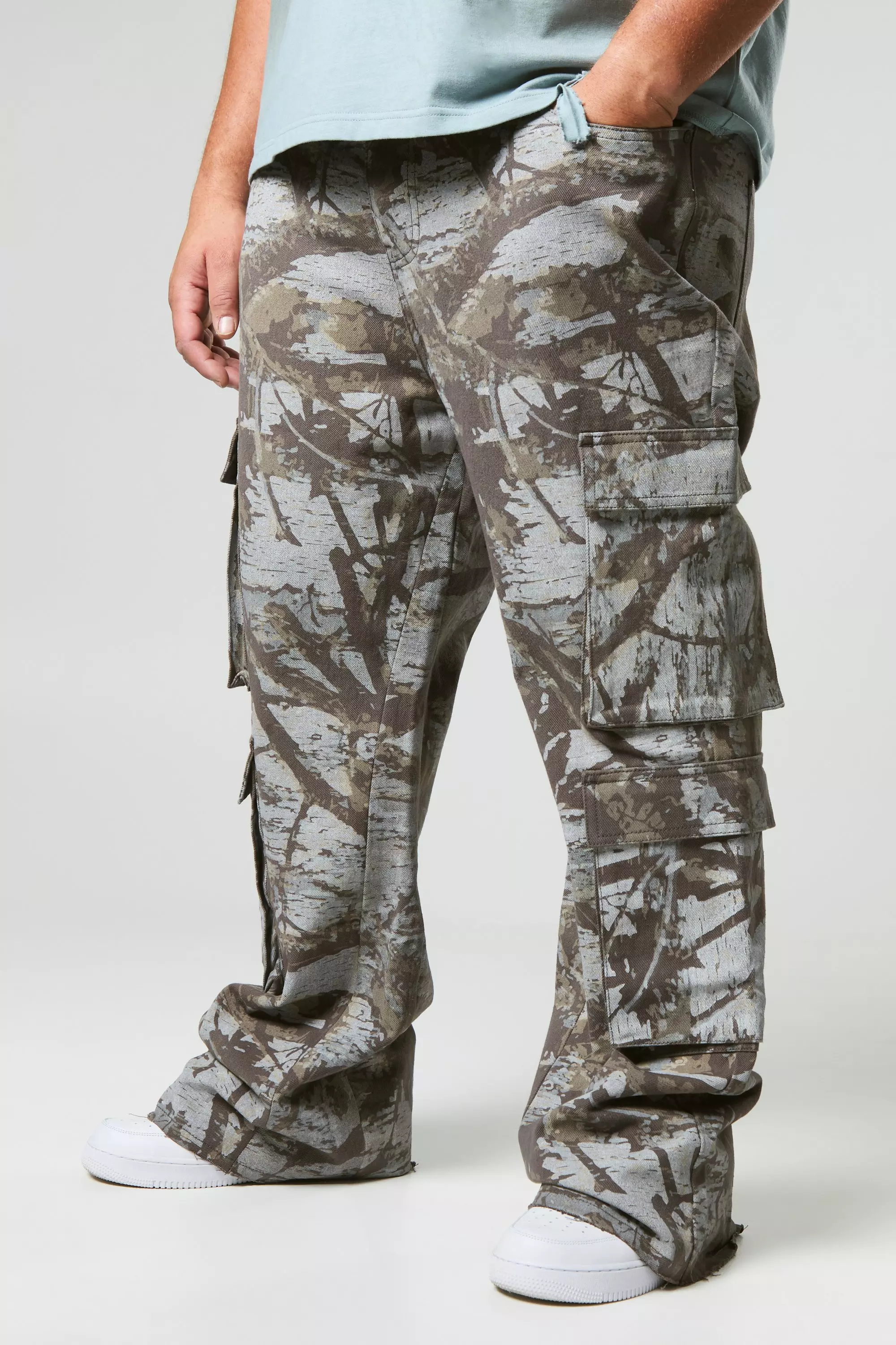 Plus Forest Camo Multi Cargo Slim Flared Jeans Grey